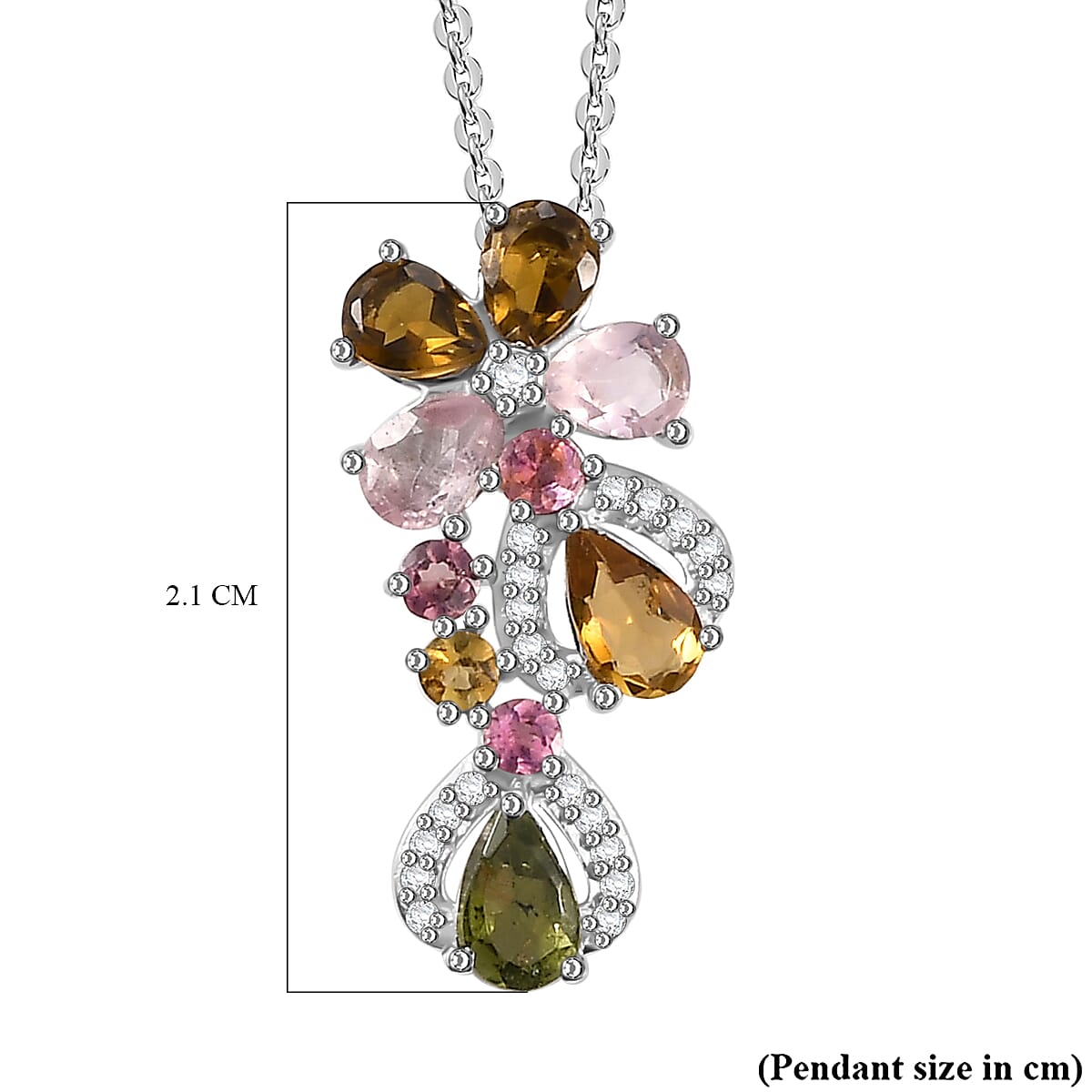 Multi-Tourmaline, White Zircon Floral Pendant with Chain (Size 20) in Rhodium Overlay Sterling Silver 4292690 7