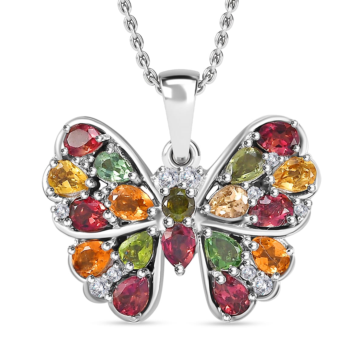 Multi-Tourmaline, White Zircon Butterfly Pendant with Chain (Size 20) in Rhodium Overlay Sterling Silver 4294208 0
