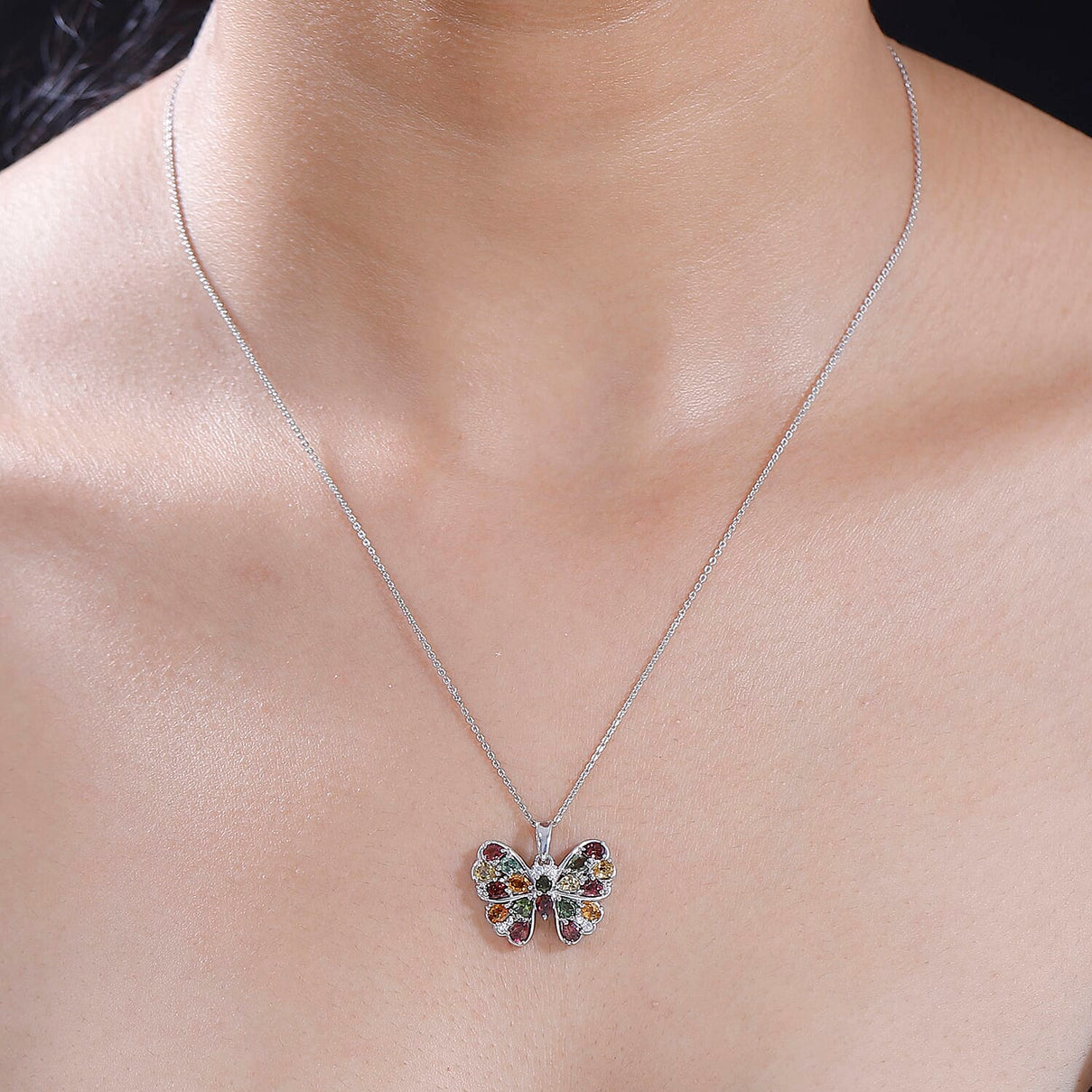 Multi-Tourmaline, White Zircon Butterfly Pendant with Chain (Size 20) in Rhodium Overlay Sterling Silver 4294208 2