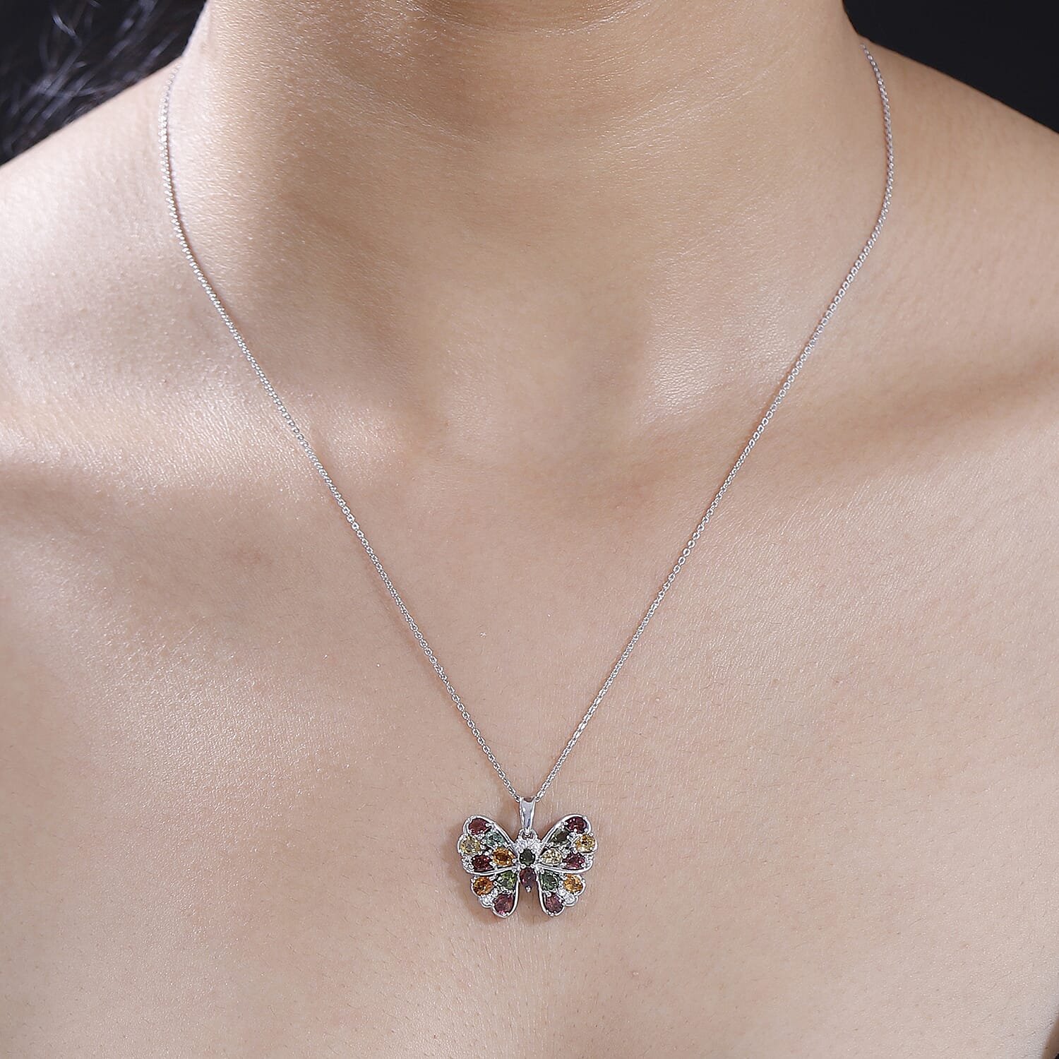 Multi-Tourmaline, White Zircon Butterfly Pendant with Chain (Size 20) in Rhodium Overlay Sterling Silver 4294208 2