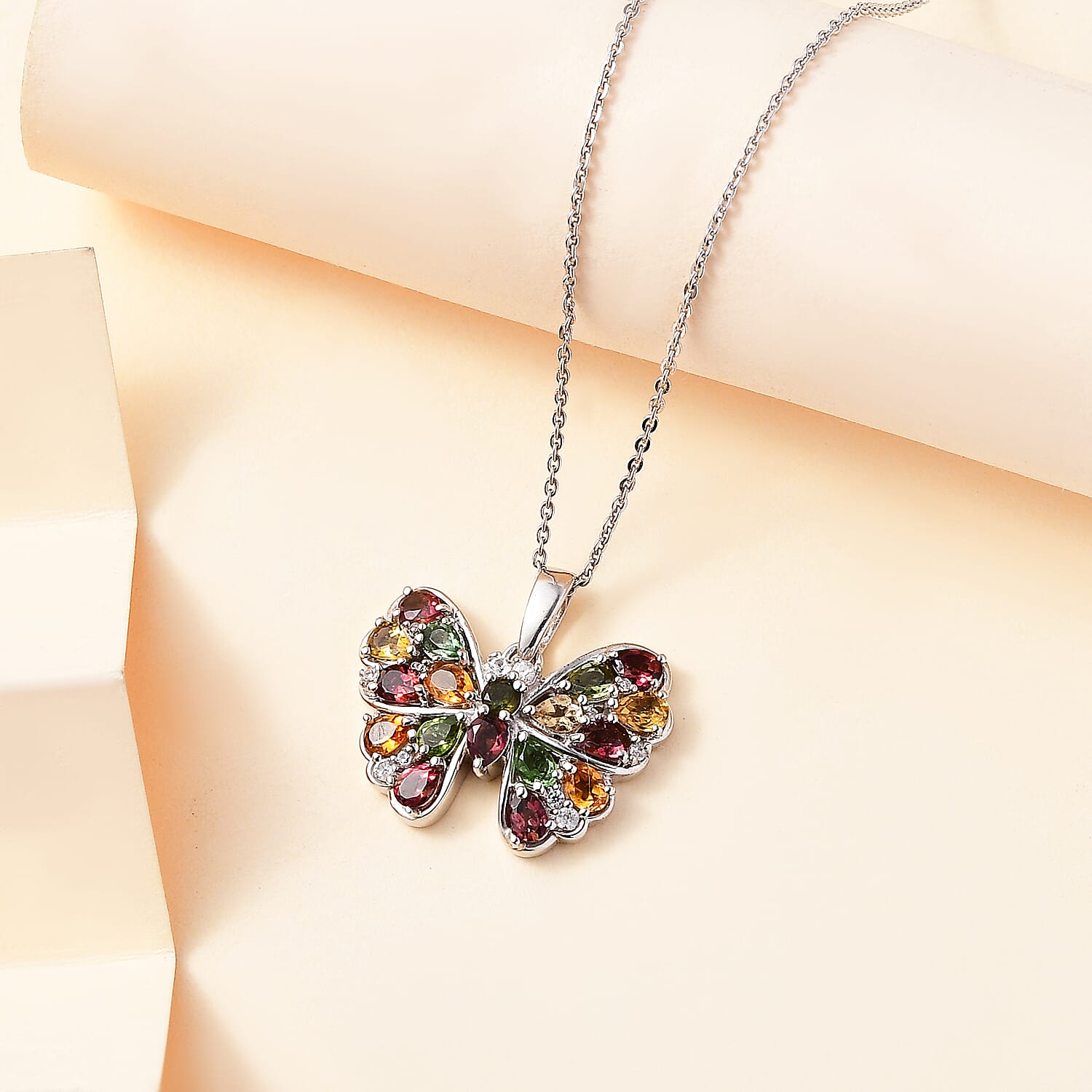 Multi-Tourmaline, White Zircon Butterfly Pendant with Chain (Size 20) in Rhodium Overlay Sterling Silver 4294208 3