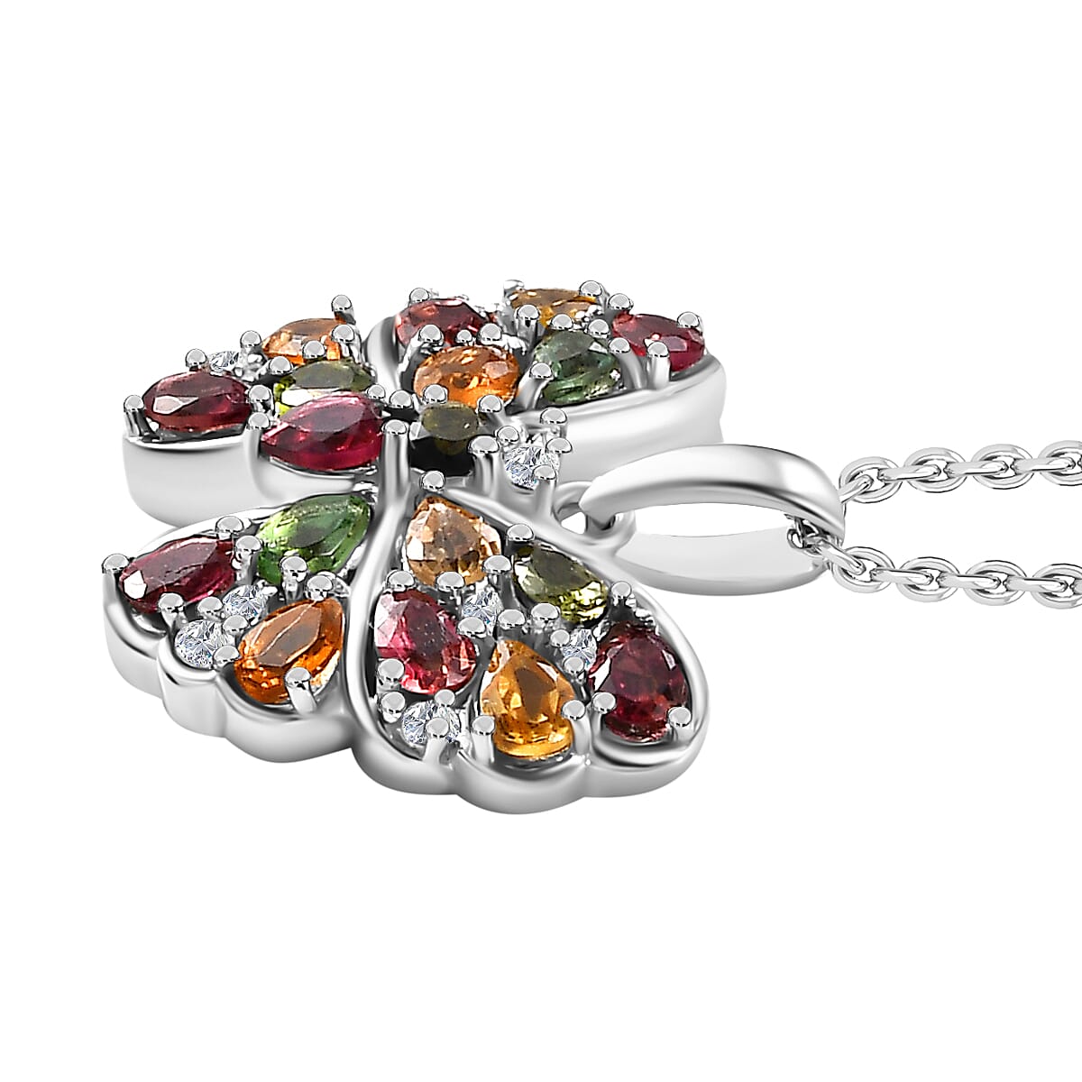Multi-Tourmaline, White Zircon Butterfly Pendant with Chain (Size 20) in Rhodium Overlay Sterling Silver 4294208 4
