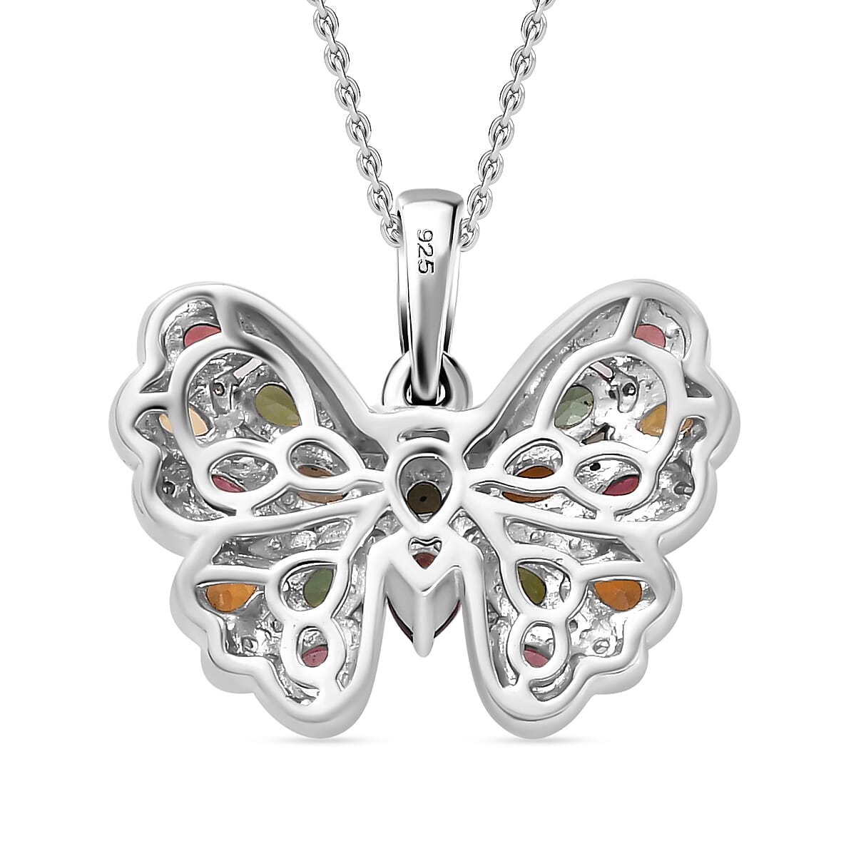 Multi-Tourmaline, White Zircon Butterfly Pendant with Chain (Size 20) in Rhodium Overlay Sterling Silver 4294208 5