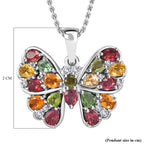 Multi-Tourmaline & White Zircon Butterfly Pendant with Chain (Size 20) in Rhodium Overlay Sterling Silver 2.13 Ct.