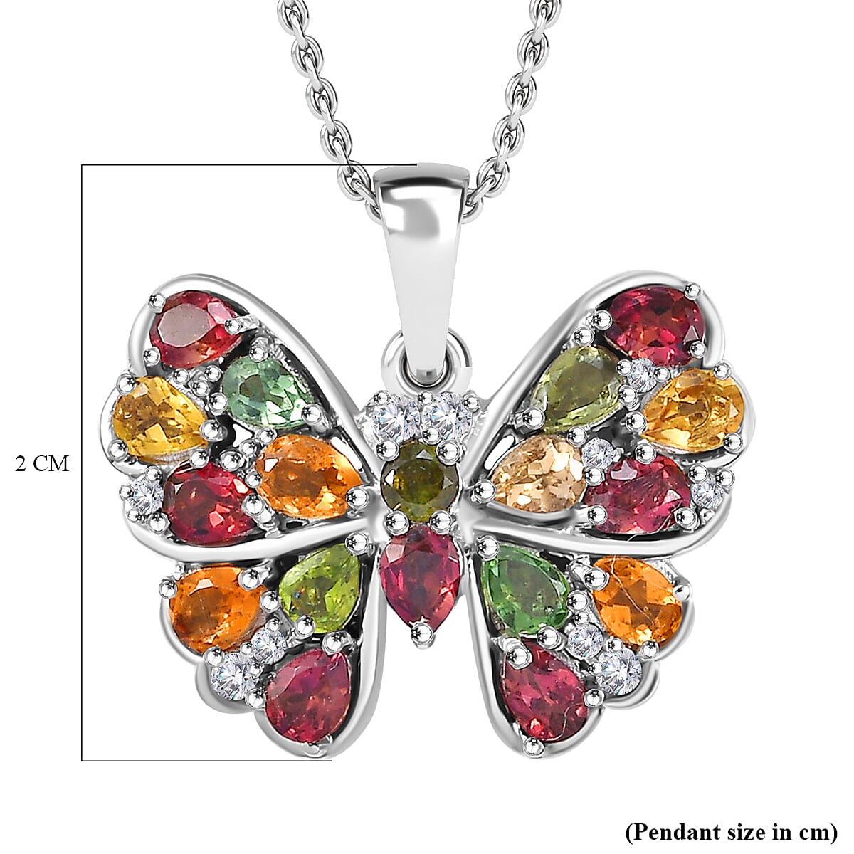 Multi-Tourmaline, White Zircon Butterfly Pendant with Chain (Size 20) in Rhodium Overlay Sterling Silver 4294208 6