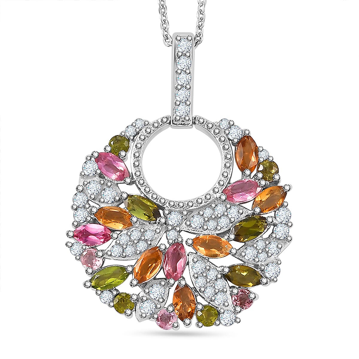 Multi-Tourmaline, White Zircon Cluster Pendant with Chain (Size 20) in Rhodium Overlay Sterling Silver 4294384 0