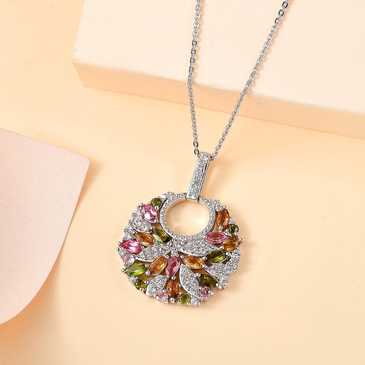 Multi-Tourmaline, White Zircon Cluster Pendant with Chain (Size 20) in Rhodium Overlay Sterling Silver 4294384 2