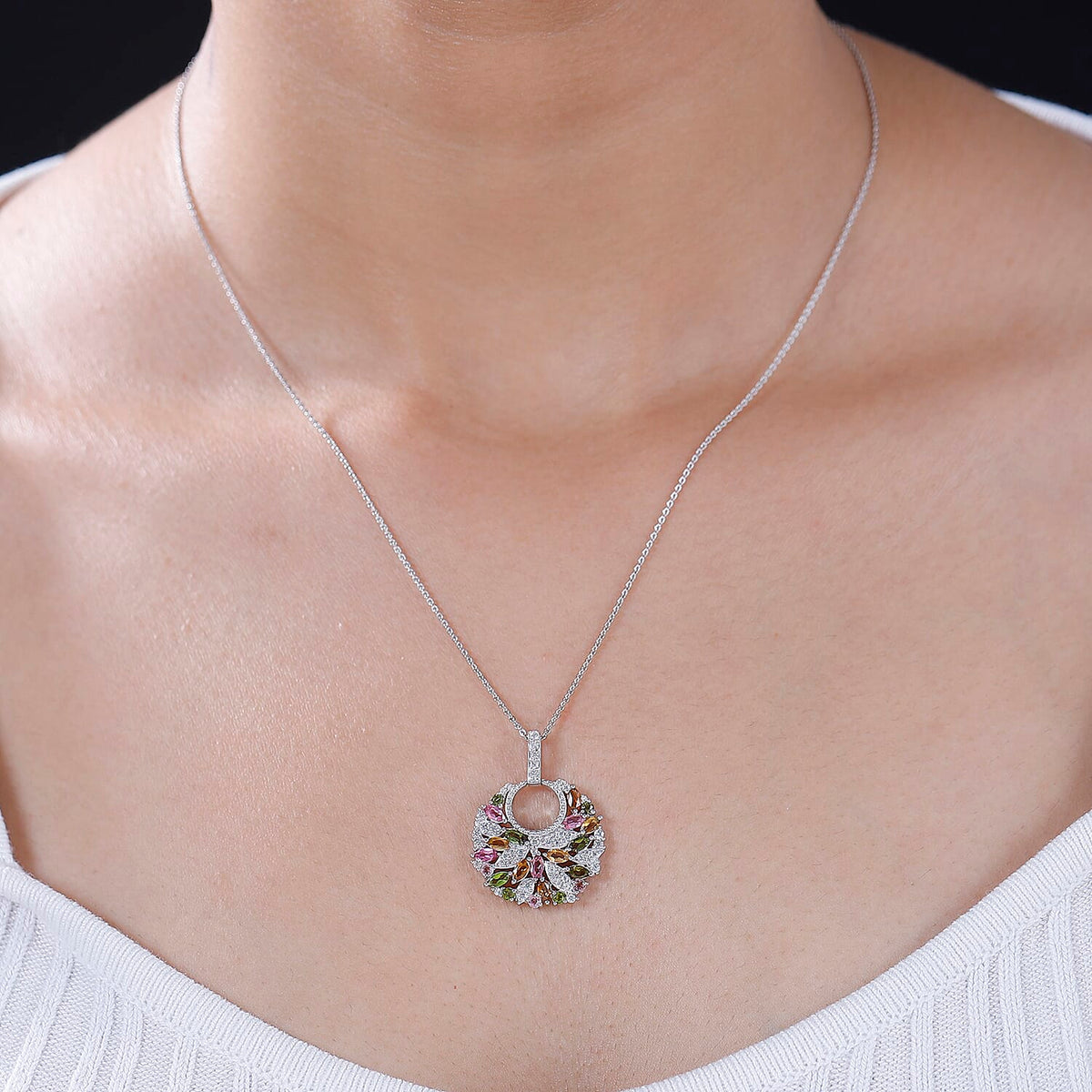 Multi-Tourmaline, White Zircon Cluster Pendant with Chain (Size 20) in Rhodium Overlay Sterling Silver 4294384 3