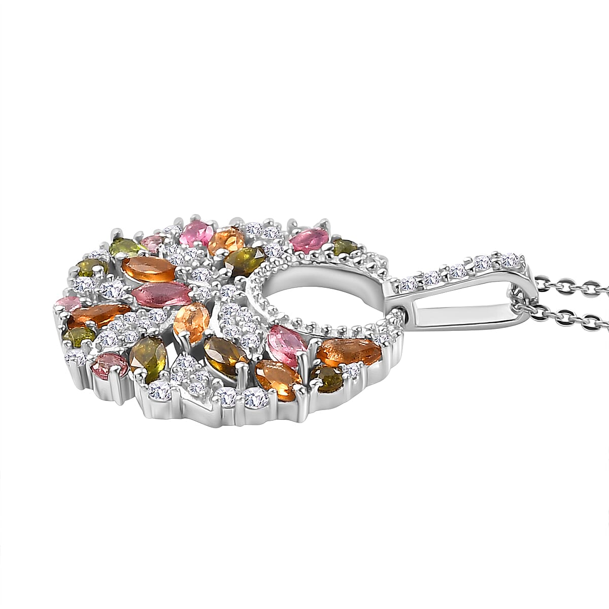 Multi-Tourmaline, White Zircon Cluster Pendant with Chain (Size 20) in Rhodium Overlay Sterling Silver 4294384 4