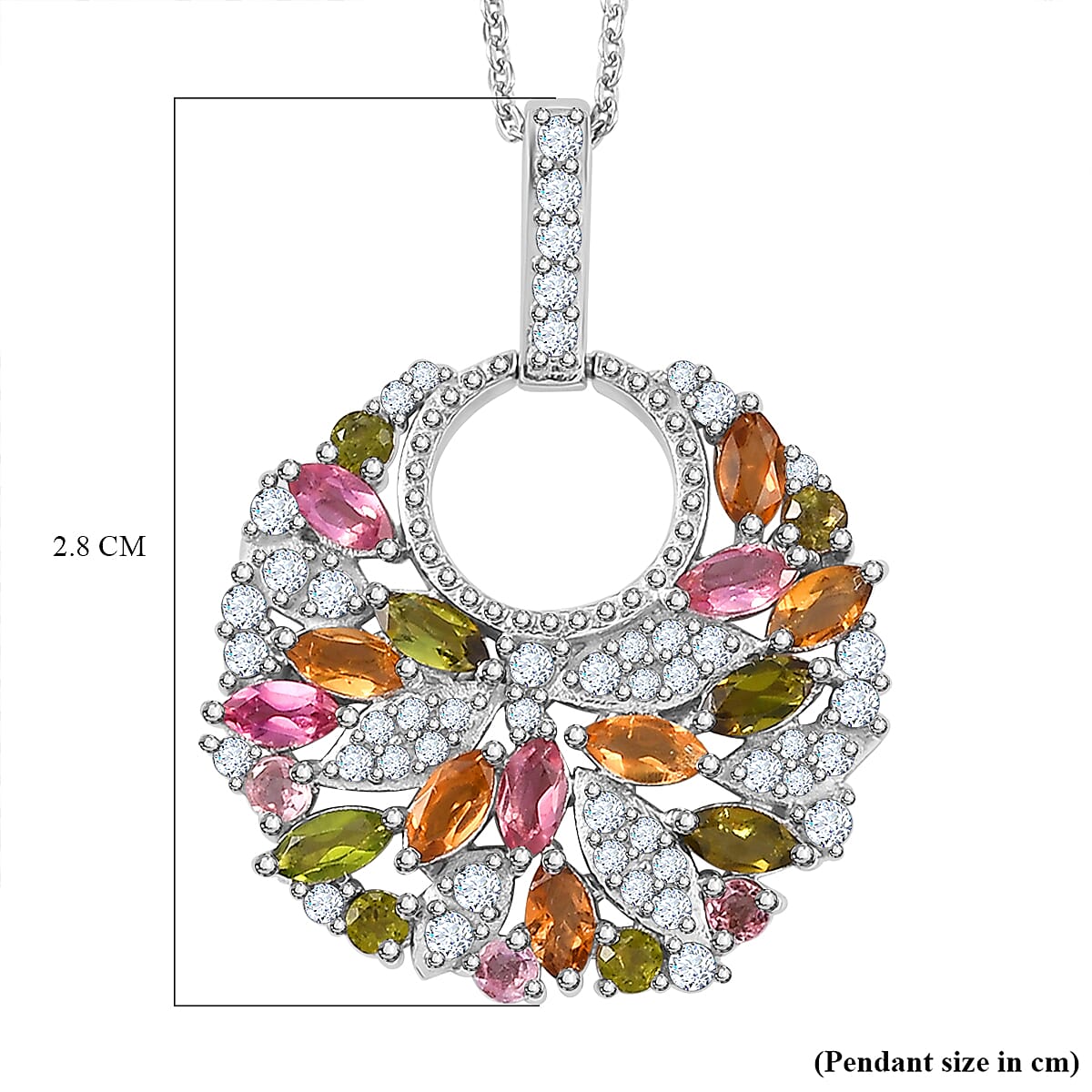 Multi-Tourmaline, White Zircon Cluster Pendant with Chain (Size 20) in Rhodium Overlay Sterling Silver 4294384 7