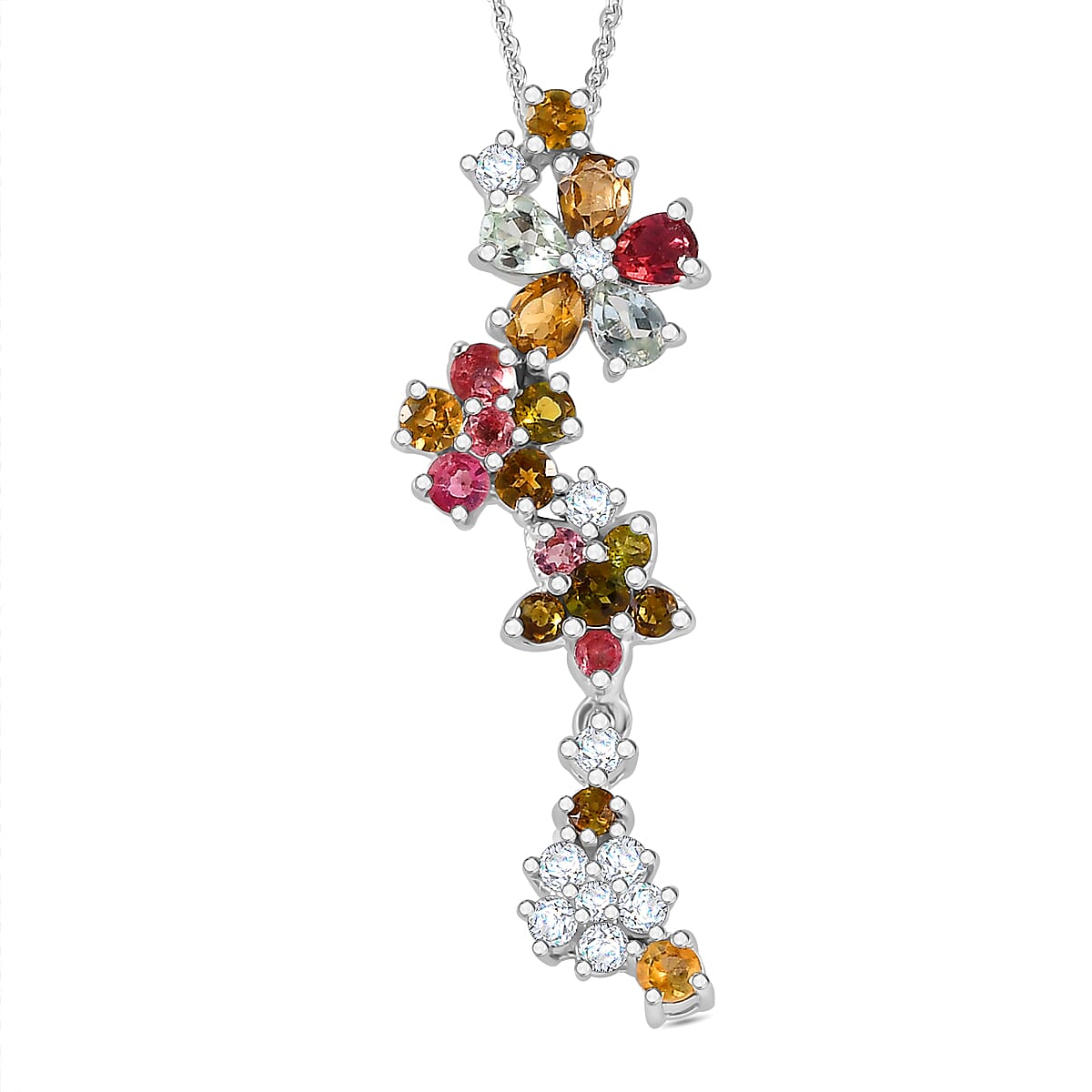 Multi-Tourmaline, White Zircon Floral Drop Pendant with Chain (Size 20) in Rhodium Overlay Sterling Silver 4294546 0