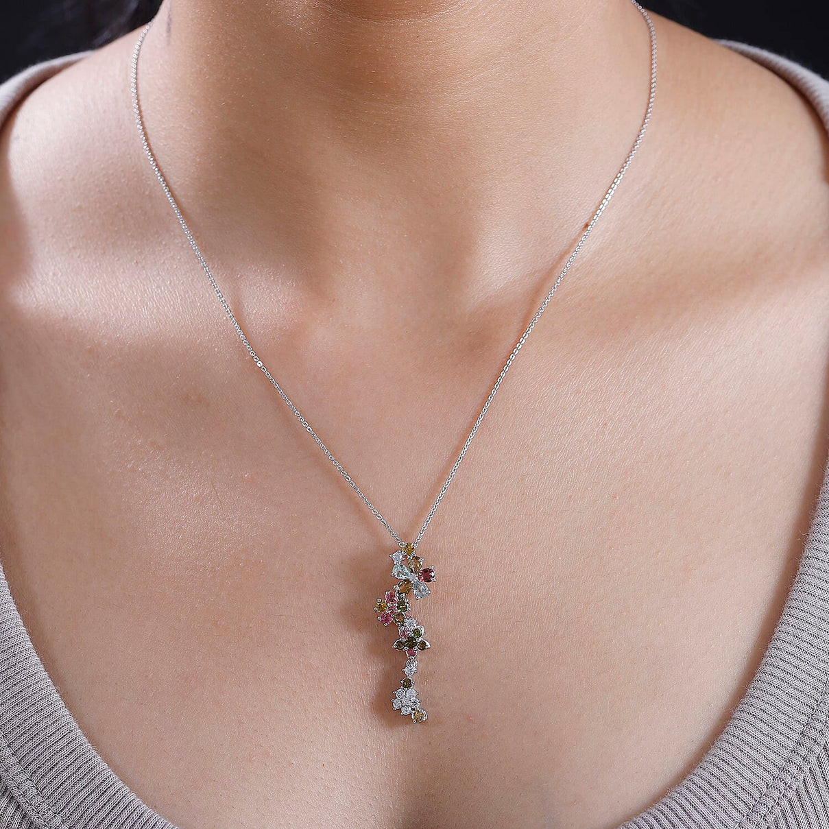 Multi-Tourmaline, White Zircon Floral Drop Pendant with Chain (Size 20) in Rhodium Overlay Sterling Silver 4294546 1