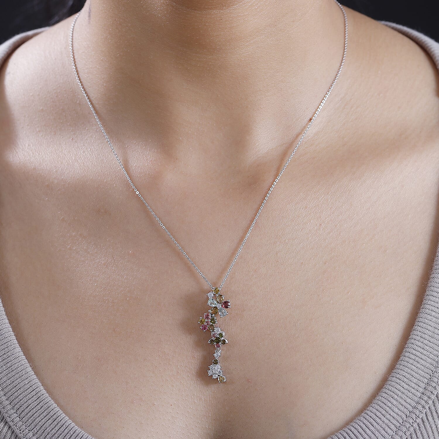 Multi-Tourmaline, White Zircon Floral Drop Pendant with Chain (Size 20) in Rhodium Overlay Sterling Silver 4294546 1