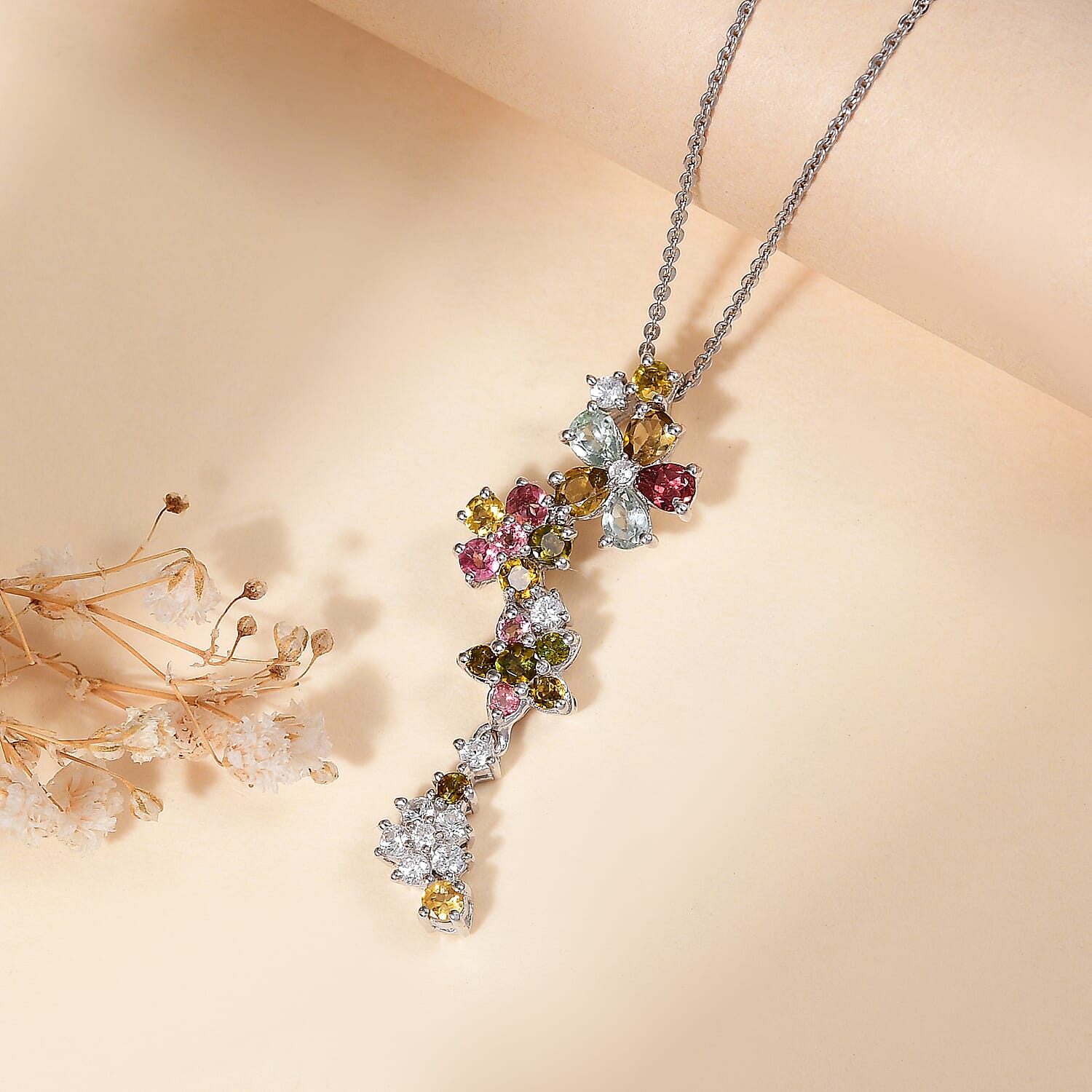 Multi-Tourmaline, White Zircon Floral Drop Pendant with Chain (Size 20) in Rhodium Overlay Sterling Silver 4294546 2