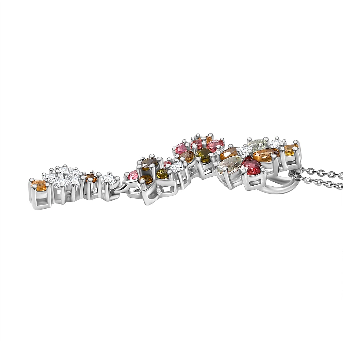 Multi-Tourmaline, White Zircon Floral Drop Pendant with Chain (Size 20) in Rhodium Overlay Sterling Silver 4294546 3