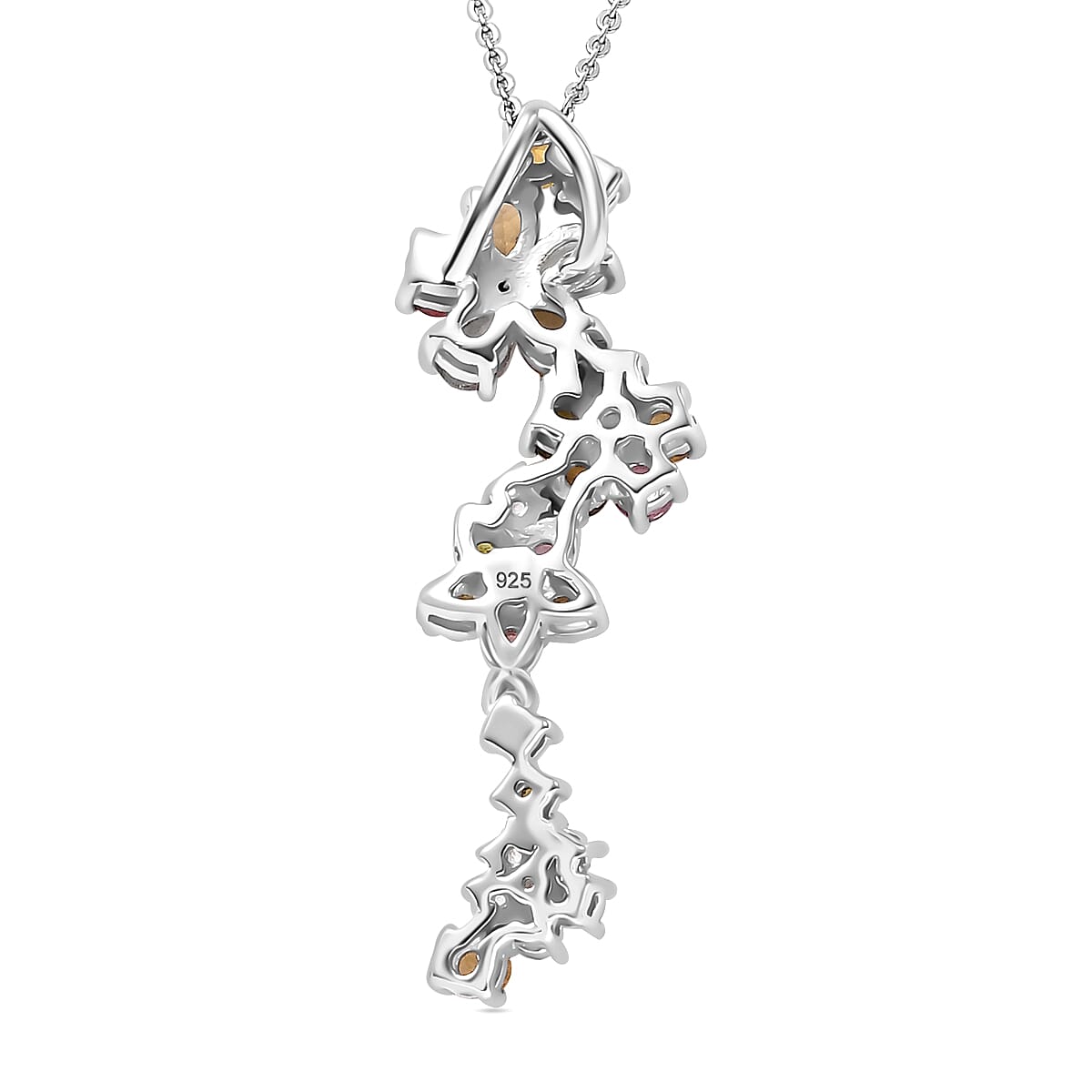 Multi-Tourmaline, White Zircon Floral Drop Pendant with Chain (Size 20) in Rhodium Overlay Sterling Silver 4294546 4