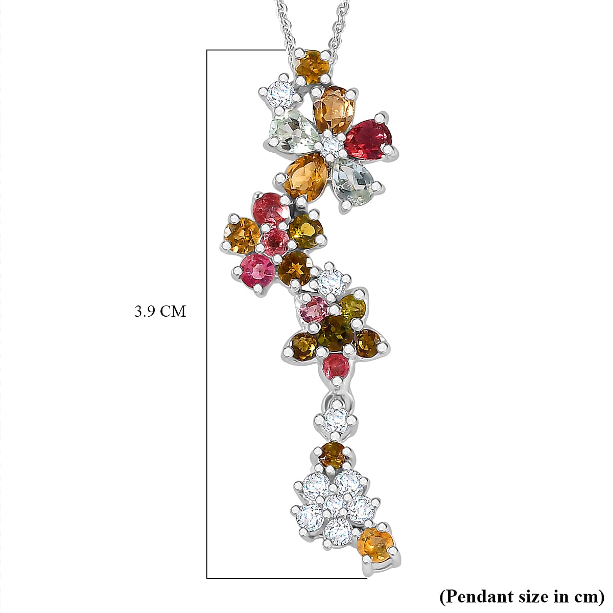 Multi-Tourmaline, White Zircon Floral Drop Pendant with Chain (Size 20) in Rhodium Overlay Sterling Silver 4294546 6