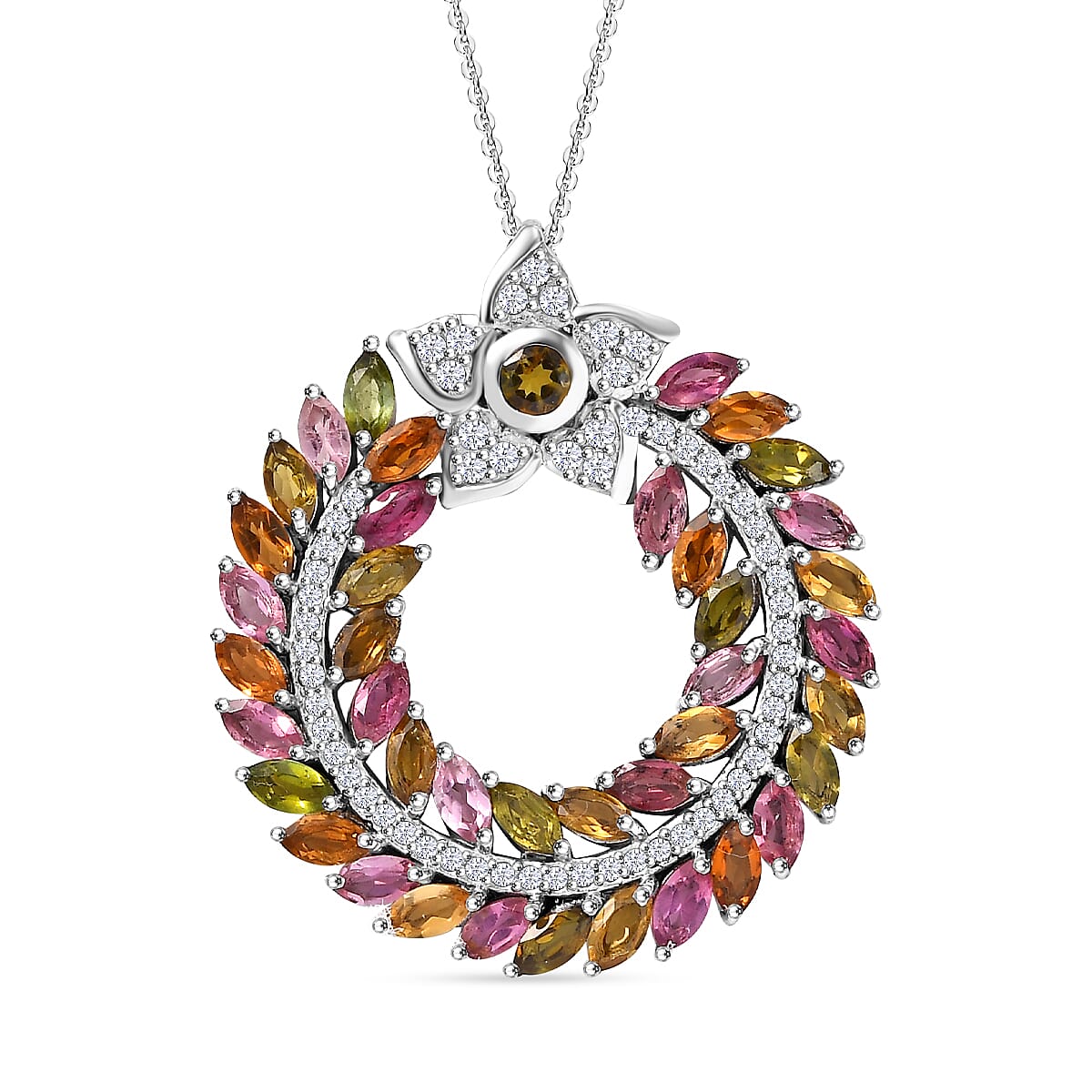 Multi-Tourmaline,  White Zircon Pendant with Chain (Size 20) in rhodium Sterling Silver 4.04 ct  Silver Wt. 6.25 Gms  4.180  Ct. 4300359 0