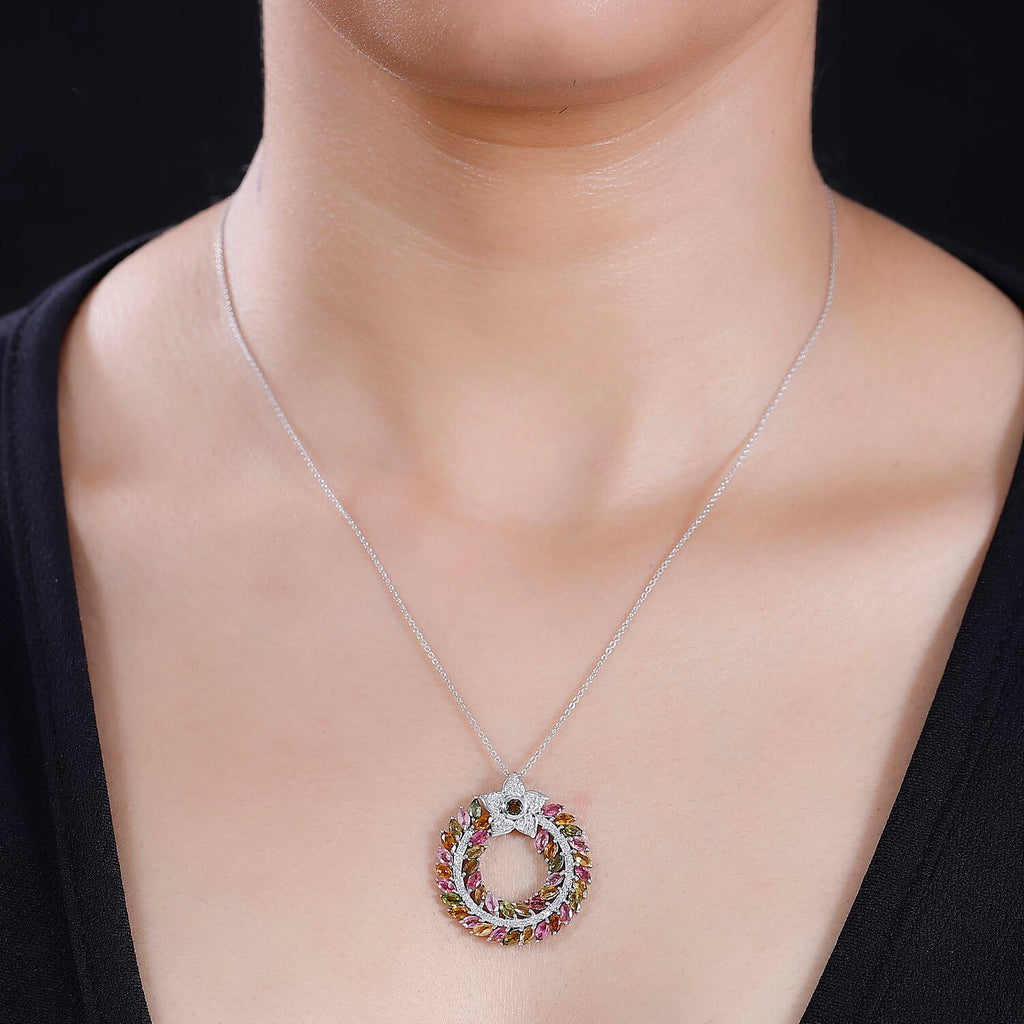 Multi-Tourmaline,  White Zircon Pendant with Chain (Size 20) in rhodium Sterling Silver 4.04 ct  Silver Wt. 6.25 Gms  4.180  Ct.