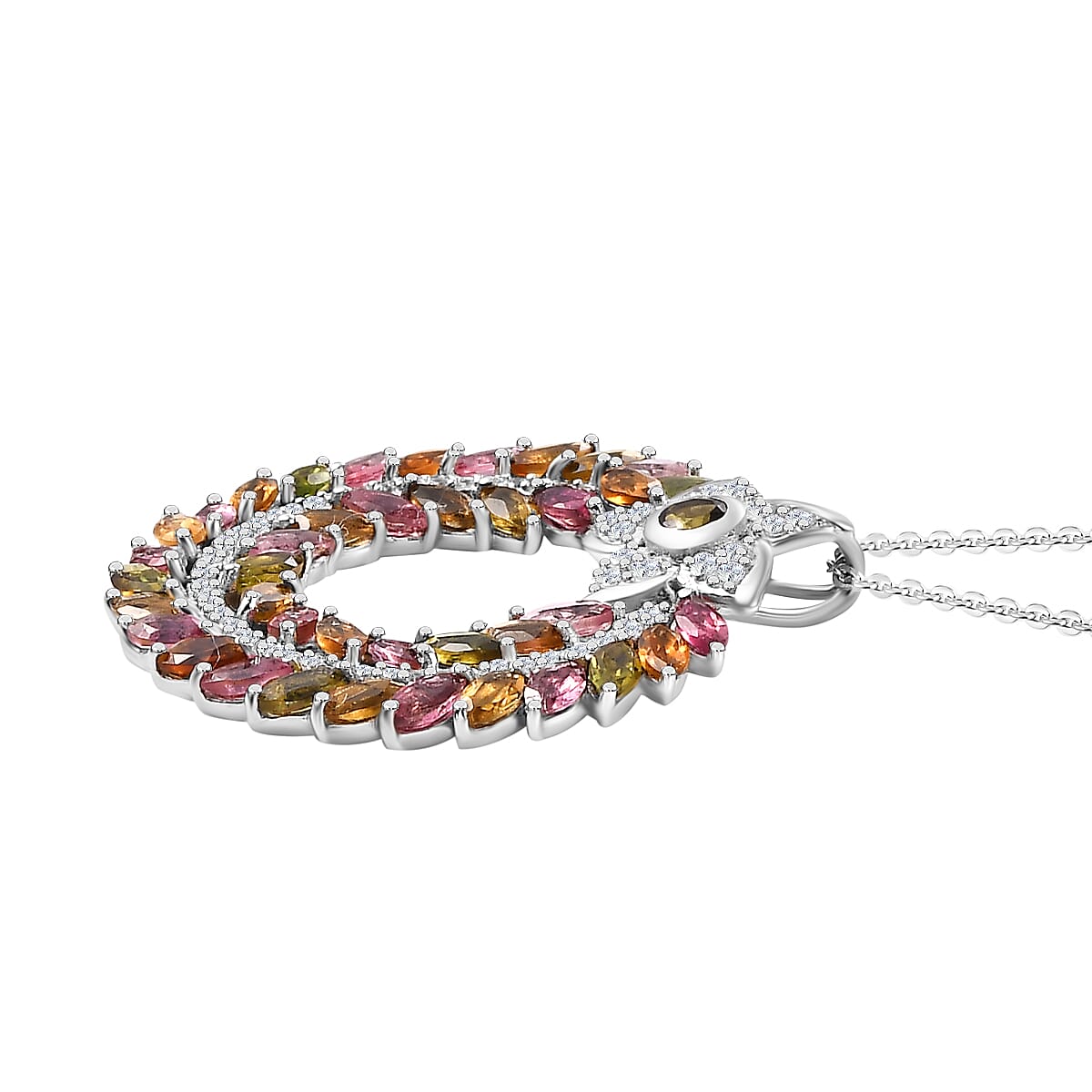 Multi-Tourmaline,  White Zircon Pendant with Chain (Size 20) in rhodium Sterling Silver 4.04 ct  Silver Wt. 6.25 Gms  4.180  Ct. 4300359 4