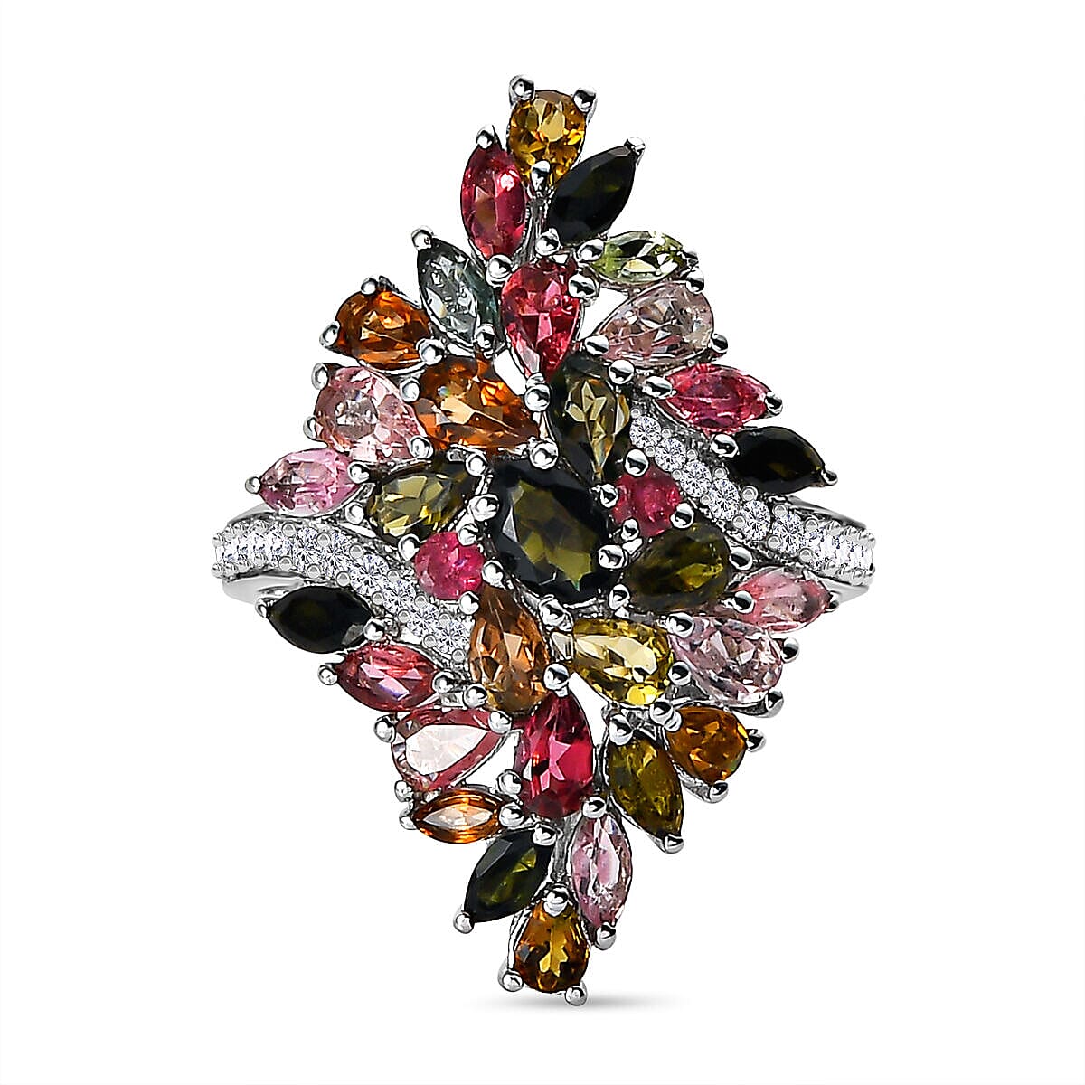 Multi-Tourmaline and Natural Zircon Ring in Platinum Overlay Sterling Silver 5.39 Ct, Silver Wt. 7.25 Gms 7320564 2
