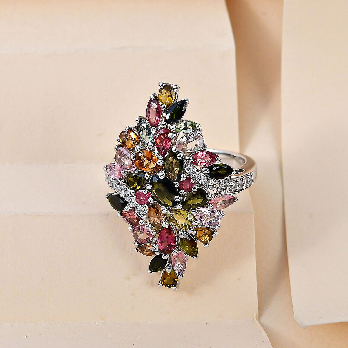 Multi-Tourmaline and Natural Zircon Ring in Platinum Overlay Sterling Silver 5.39 Ct, Silver Wt. 7.25 Gms 7320564 4
