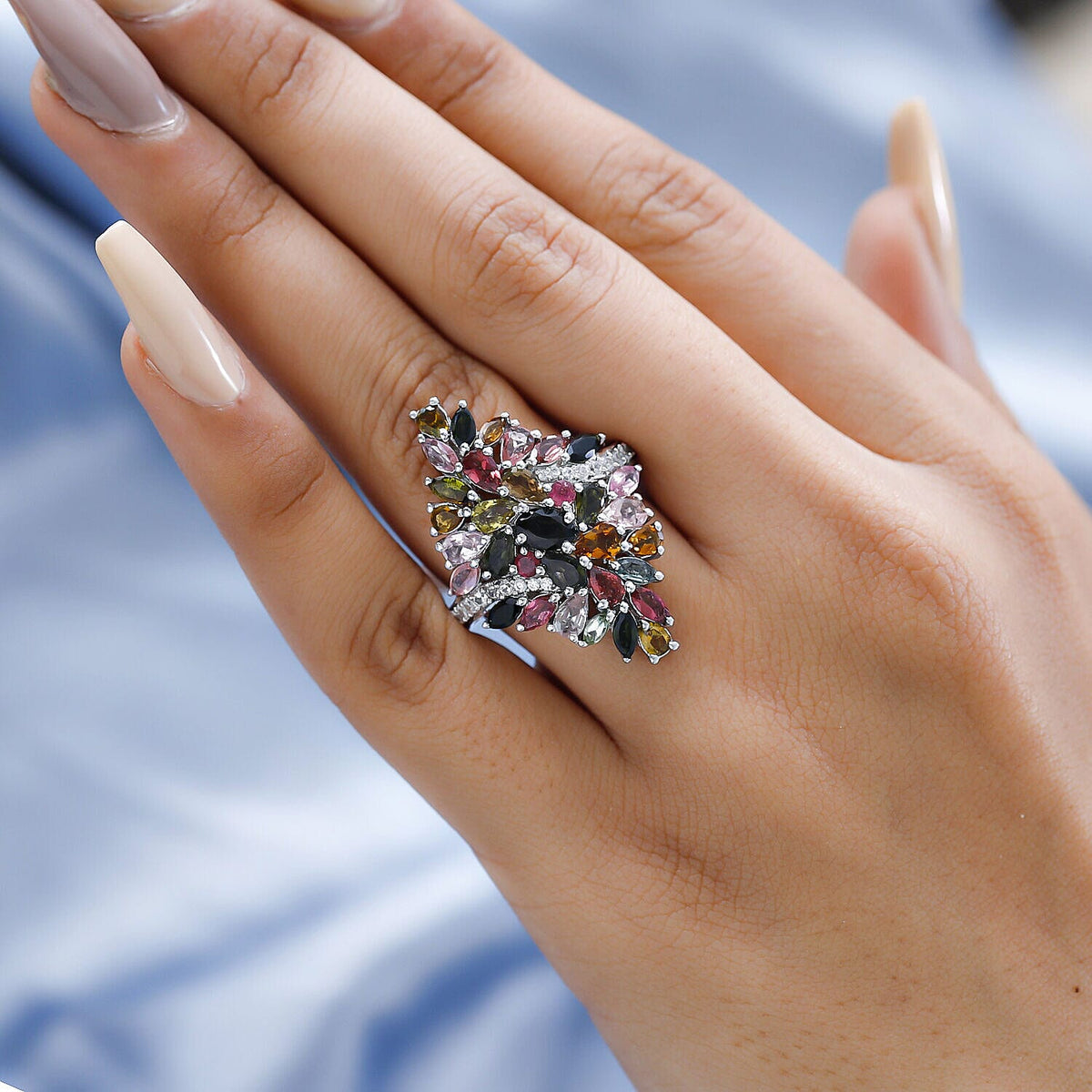 Multi-Tourmaline and Natural Zircon Ring in Platinum Overlay Sterling Silver 5.39 Ct, Silver Wt. 7.25 Gms 7320564 6