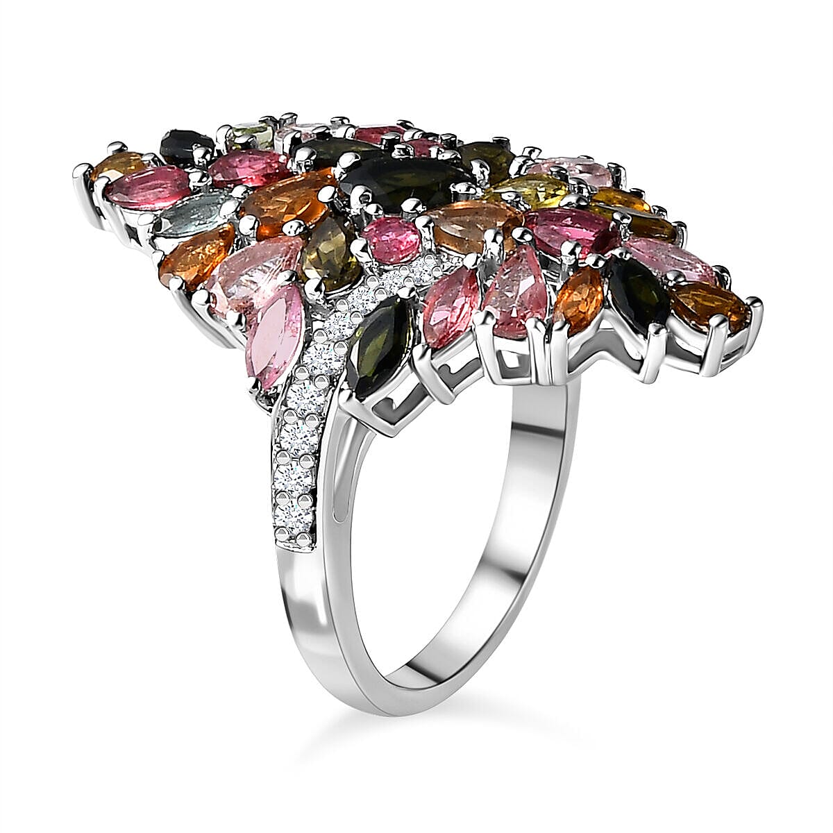 Multi-Tourmaline and Natural Zircon Ring in Platinum Overlay Sterling Silver 5.39 Ct, Silver Wt. 7.25 Gms 7320564 8