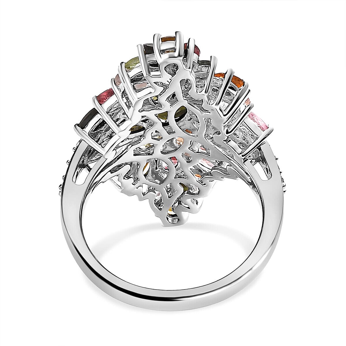 Multi-Tourmaline and Natural Zircon Ring in Platinum Overlay Sterling Silver 5.39 Ct, Silver Wt. 7.25 Gms 7320564 10