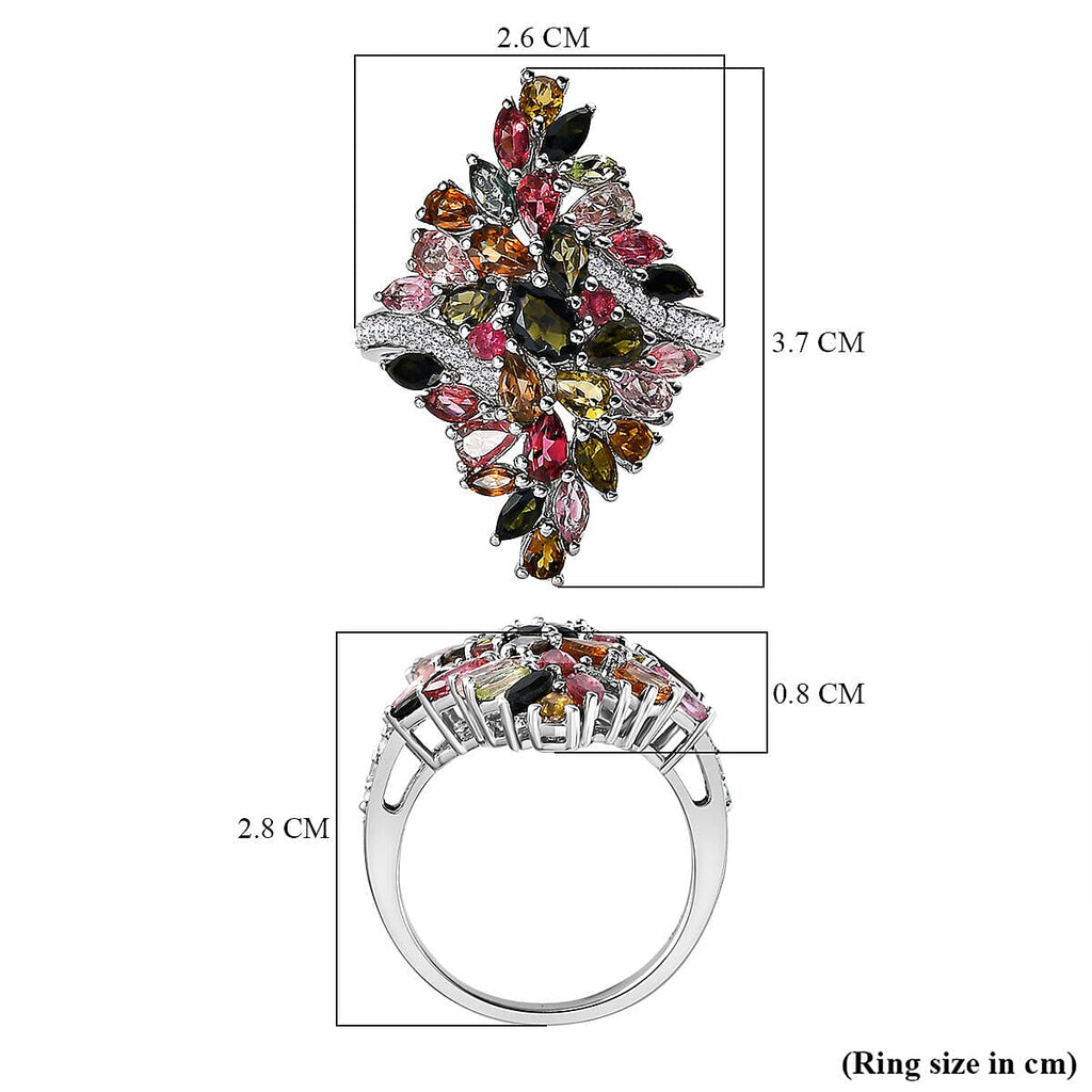 Multi-Tourmaline and Natural Zircon Ring in Platinum Overlay Sterling Silver 5.39 Ct, Silver Wt. 7.25 Gms