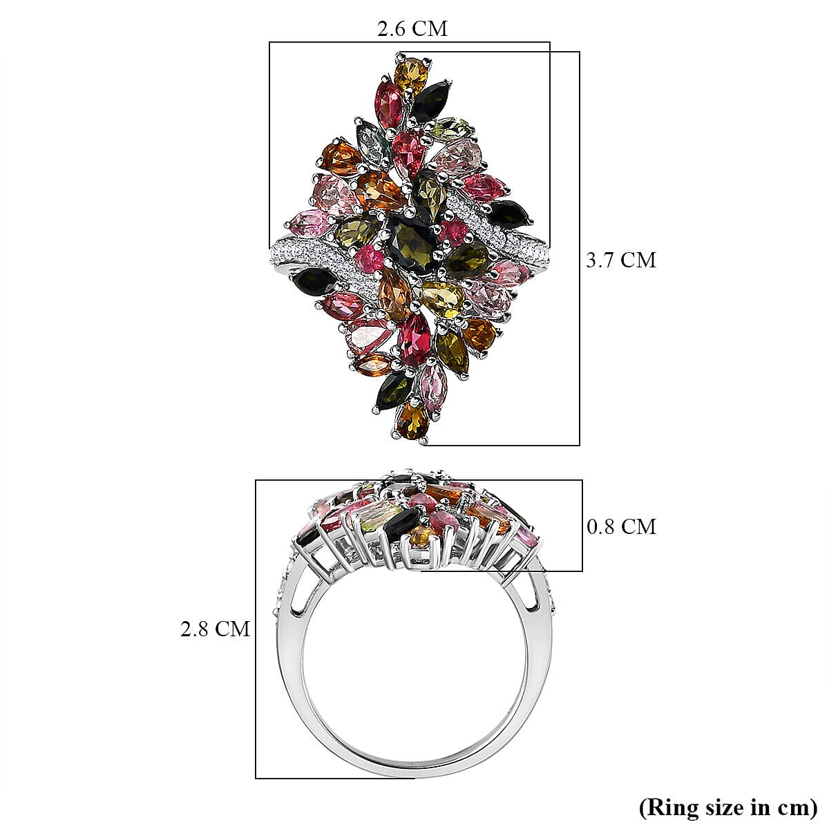Multi-Tourmaline and Natural Zircon Ring in Platinum Overlay Sterling Silver 5.39 Ct, Silver Wt. 7.25 Gms 7320564 12