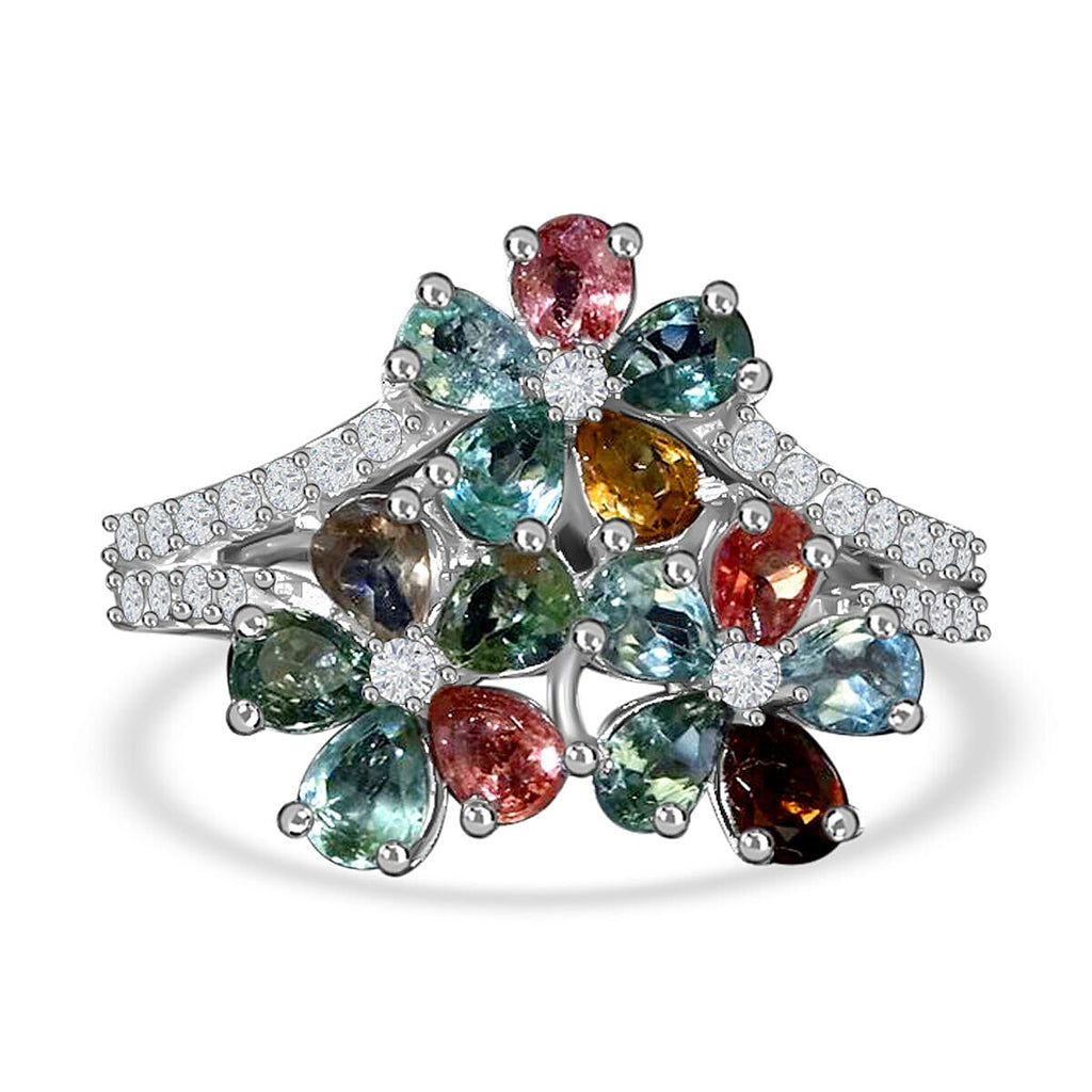 Multi-Tourmaline and Natural Zircon Wishbone Cluster Ring in Platinum Overlay Sterling Silver 2.78 Ct.