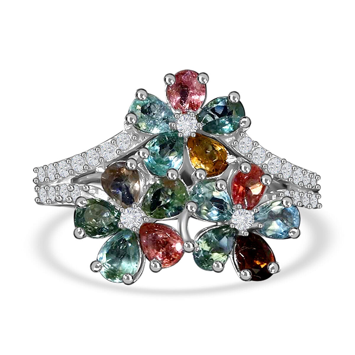Multi-Tourmaline and Natural Zircon Wishbone Cluster Ring in Platinum Overlay Sterling Silver 2.78 Ct. 7320590 2