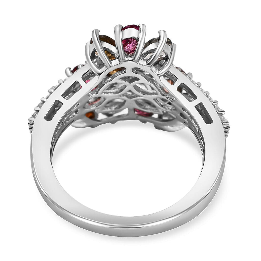 Multi-Tourmaline and Natural Zircon Wishbone Cluster Ring in Platinum Overlay Sterling Silver 2.78 Ct.