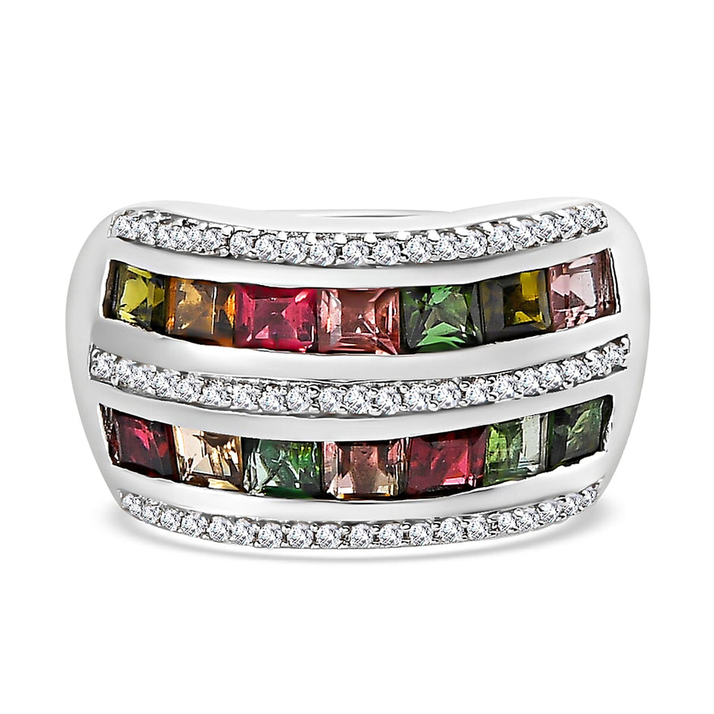 Multi-Tourmaline and Natural Zircon Band Ring in Platinum Overlay Sterling Silver 2.62 Ct.