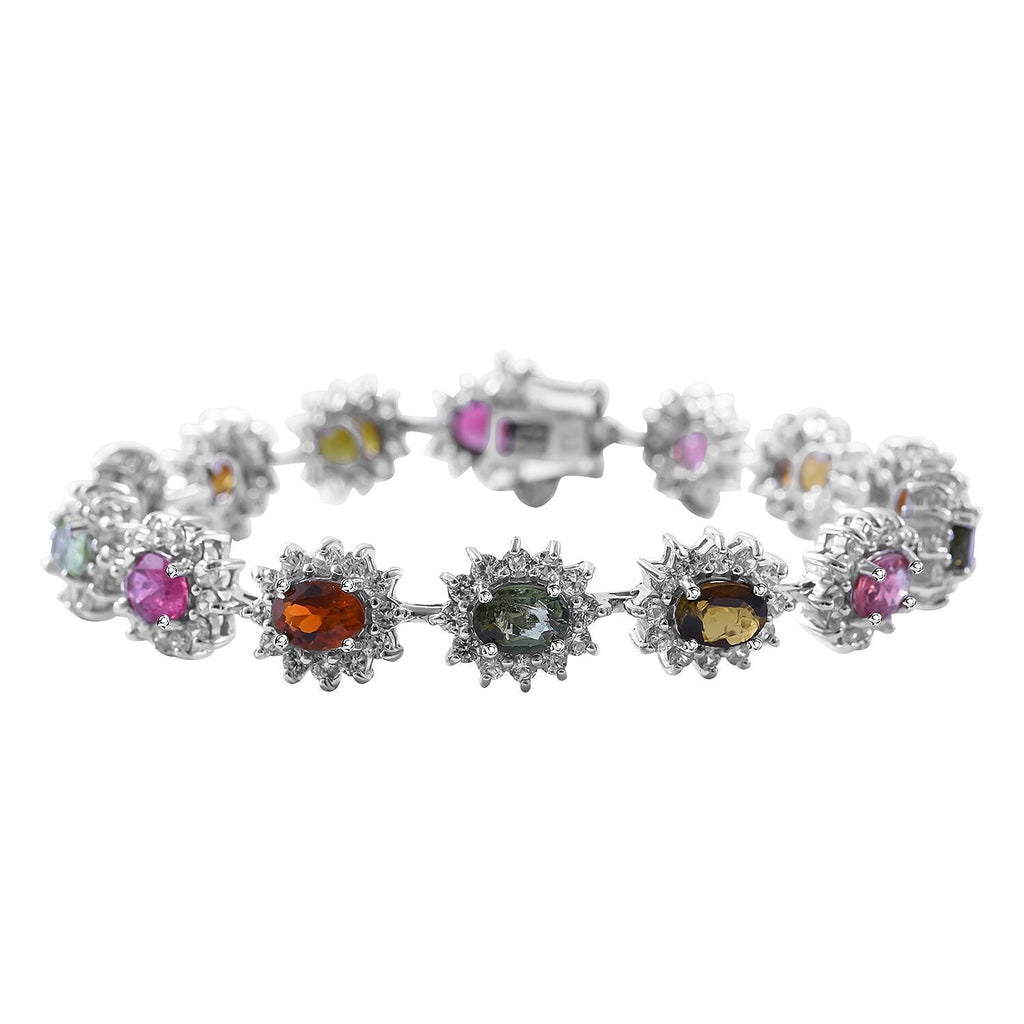 Multi-Tourmaline and Natural Cambodian Zircon Bracelet (Size - 7.5) in Rhodium Overlay Sterling Silver 19.60 Ct, Silver Wt. 15 Gms