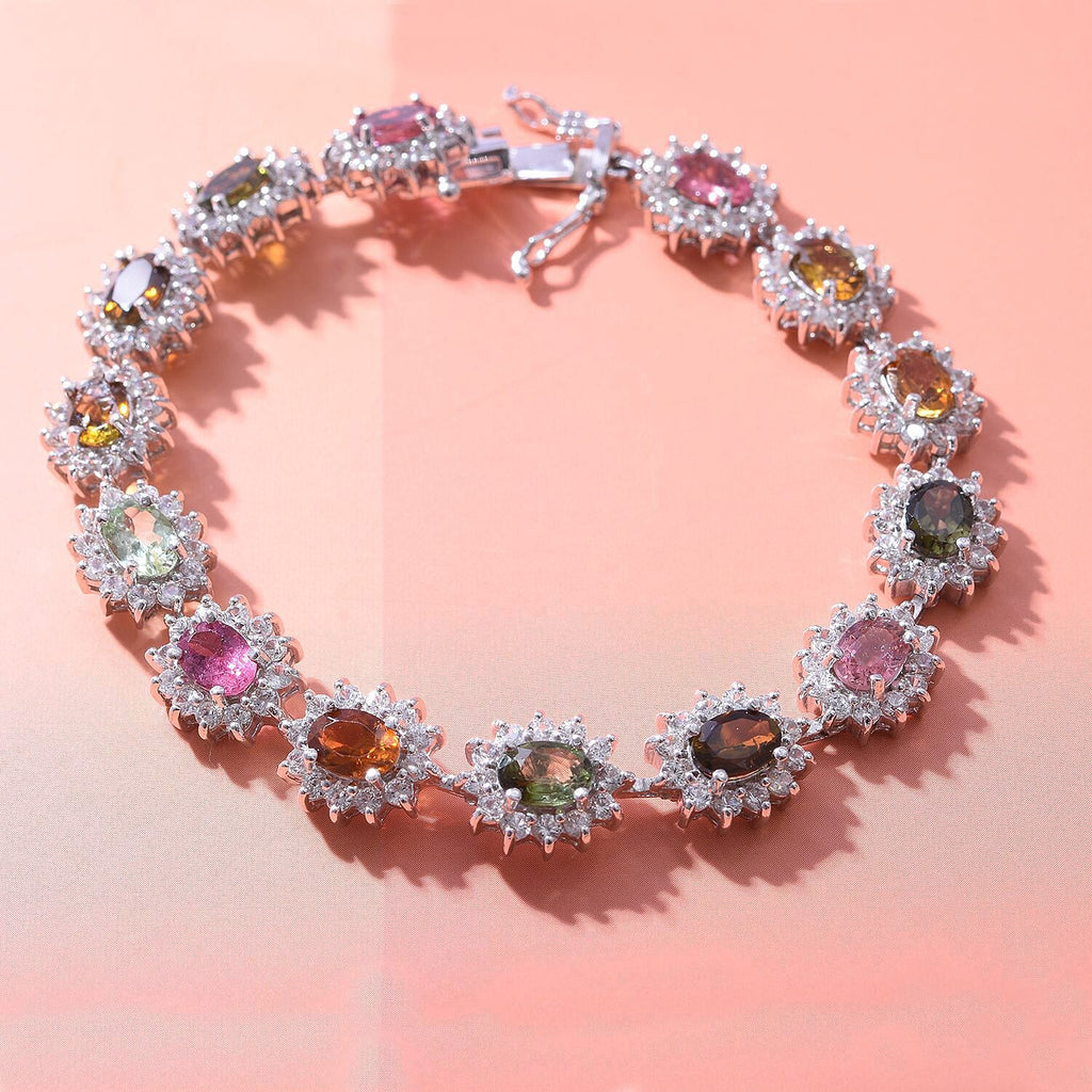 Multi-Tourmaline and Natural Cambodian Zircon Bracelet (Size - 7.5) in Rhodium Overlay Sterling Silver 19.60 Ct, Silver Wt. 15 Gms