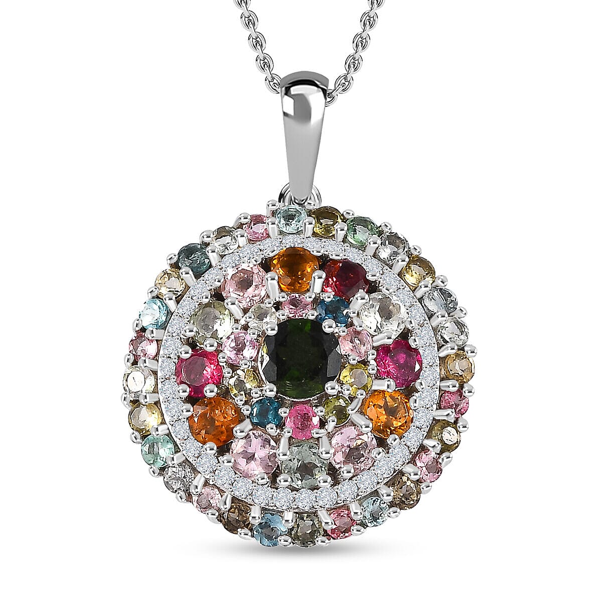 Multi-Tourmaline and Natural Zircon Cluster Pendant with Chain (Size 20) in Platinum Overlay Sterling Silver 4.20 Ct, Silver Wt. 6.41 Gms 4151018 0