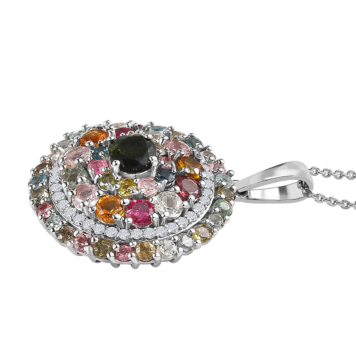 Multi-Tourmaline and Natural Zircon Cluster Pendant with Chain (Size 20) in Platinum Overlay Sterling Silver 4.20 Ct, Silver Wt. 6.41 Gms 4151018 4