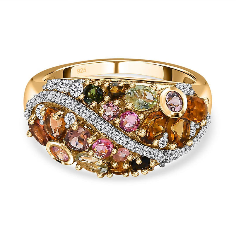 Multi-Tourmaline and Natural Zircon Cluster Ring in 18K Vermeil Yellow Gold Plated Sterling Silver 2.472 Ct.
