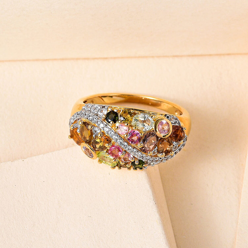 Multi-Tourmaline and Natural Zircon Cluster Ring in 18K Vermeil Yellow Gold Plated Sterling Silver 2.472 Ct.
