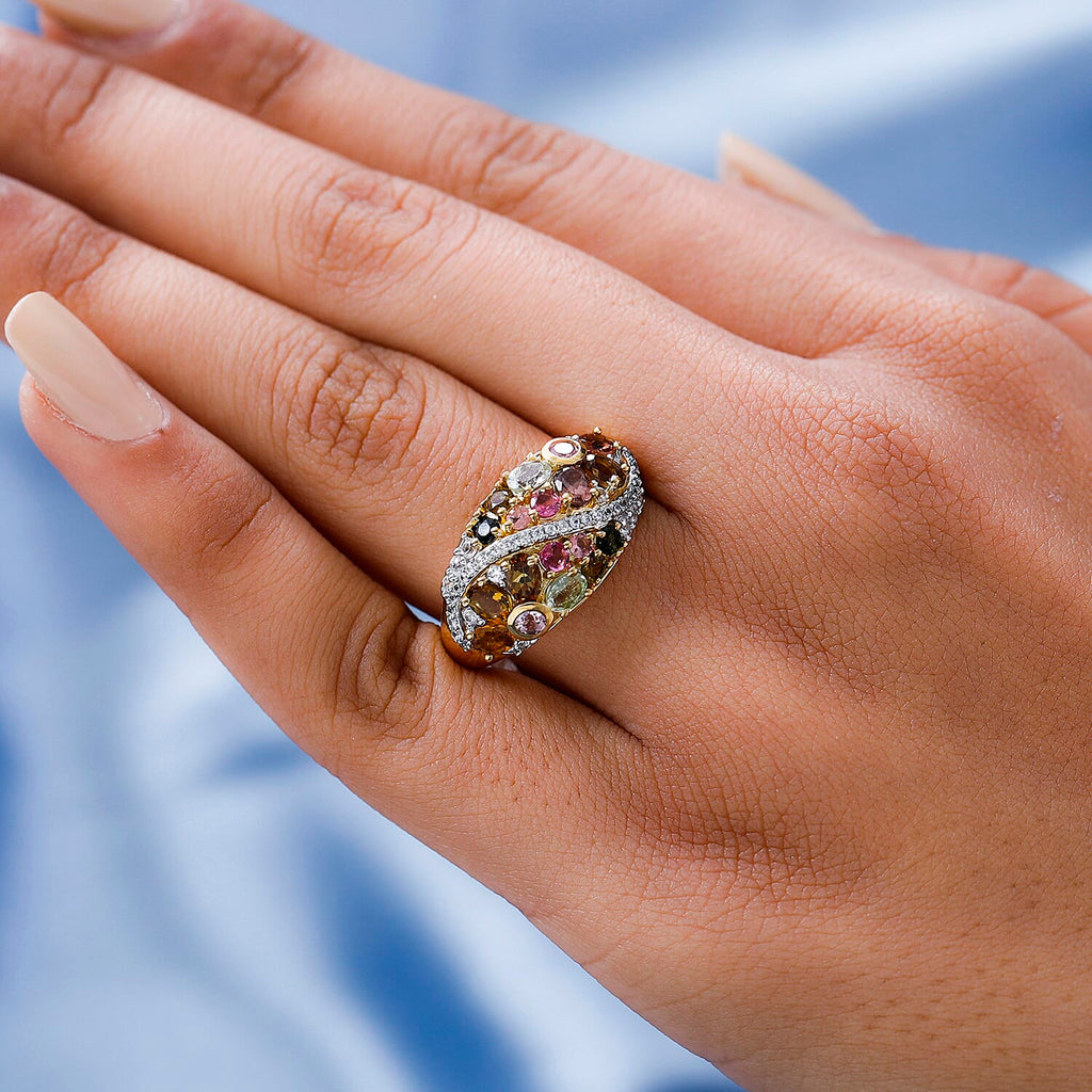 Multi-Tourmaline and Natural Zircon Cluster Ring in 18K Vermeil Yellow Gold Plated Sterling Silver 2.472 Ct.