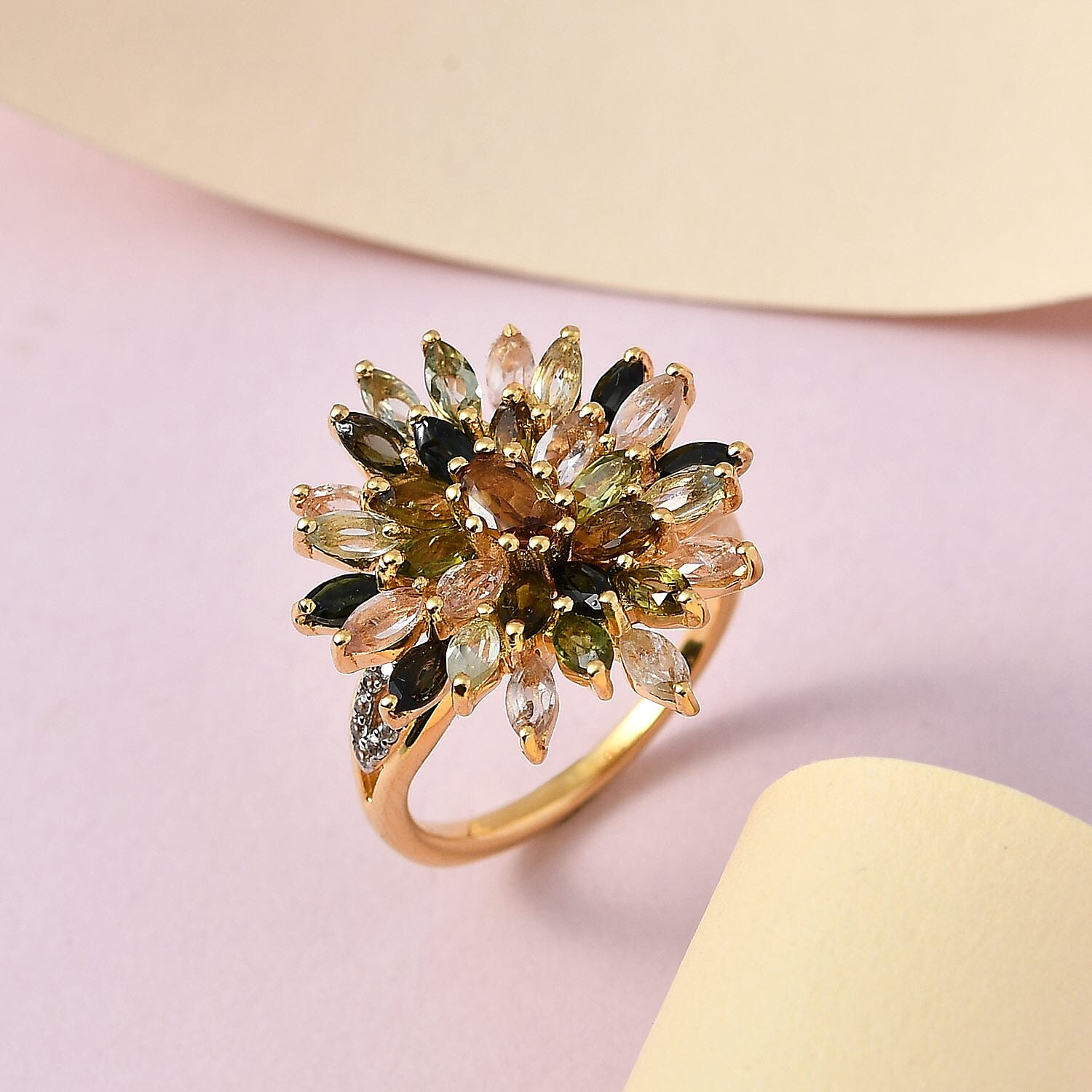 Multi-Tourmaline and Natural Cambodian Zircon Cluster Ring in 18K Vermeil Yellow Gold Plated Sterling Silver 3.23 Ct. 7486817 1