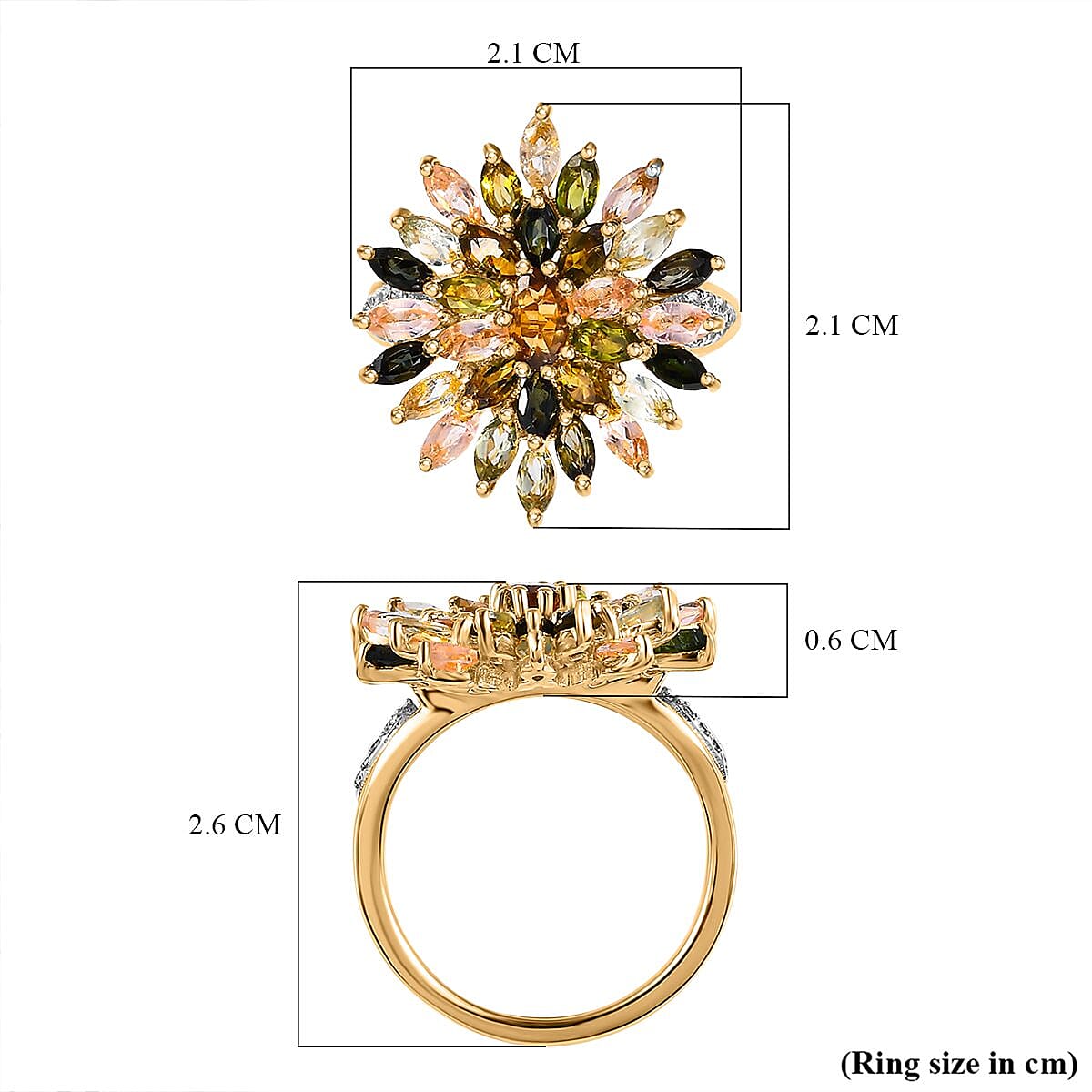 Multi-Tourmaline and Natural Cambodian Zircon Cluster Ring in 18K Vermeil Yellow Gold Plated Sterling Silver 3.23 Ct. 7486817 5