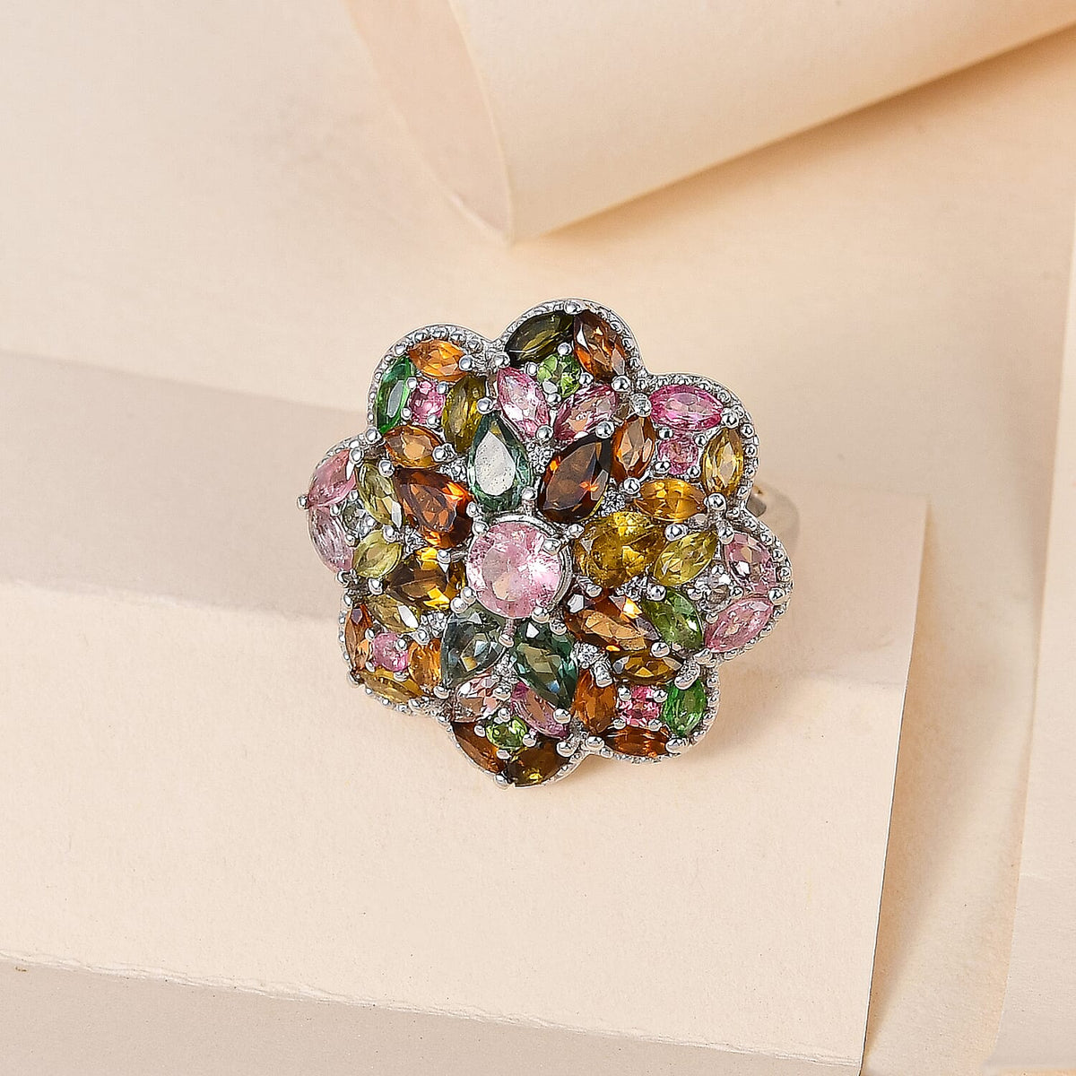 Multi-Tourmaline and Natural Zircon Cluster Ring in Platinum Overlay Sterling Silver 4.93 Ct, Silver Wt. 6.10 Gms. 7325993 3