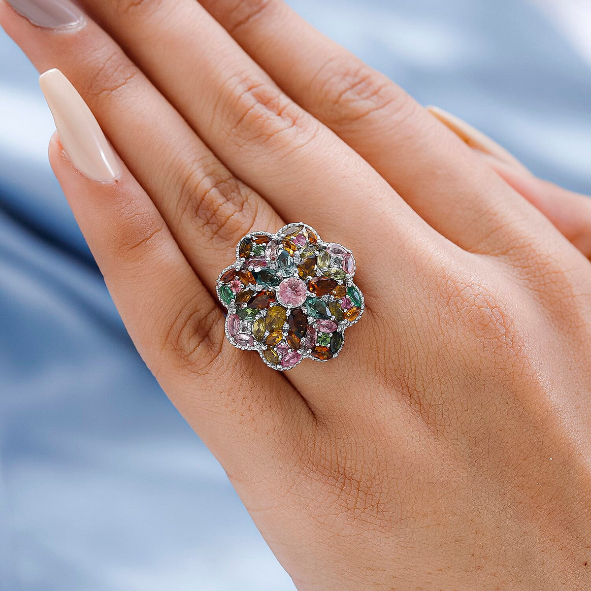 Multi-Tourmaline and Natural Zircon Cluster Ring in Platinum Overlay Sterling Silver 4.93 Ct, Silver Wt. 6.10 Gms. 7325993 5
