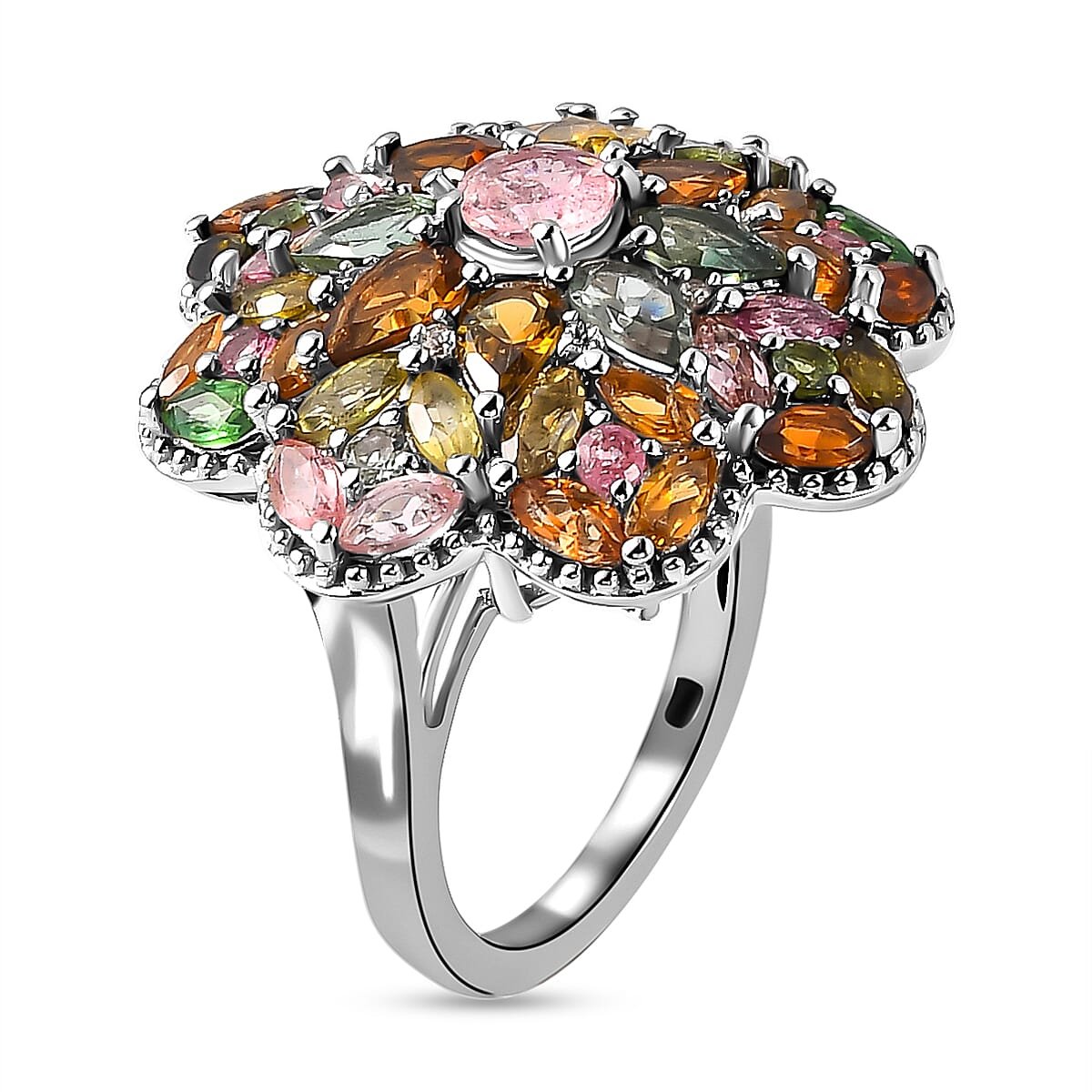Multi-Tourmaline and Natural Zircon Cluster Ring in Platinum Overlay Sterling Silver 4.93 Ct, Silver Wt. 6.10 Gms. 7325993 7