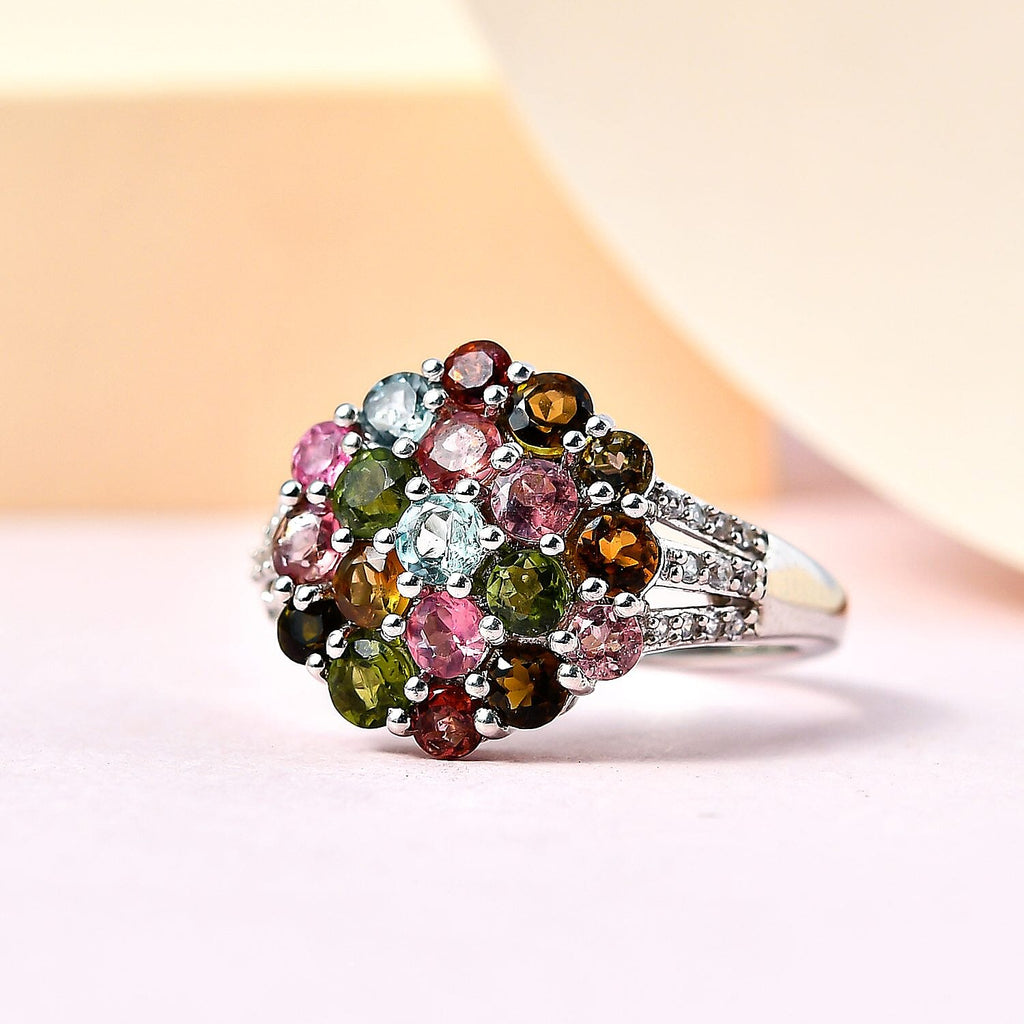 Multi-Tourmaline and Natural Zircon Cluster Ring in Platinum Overlay Sterling Silver 2.312 Ct.