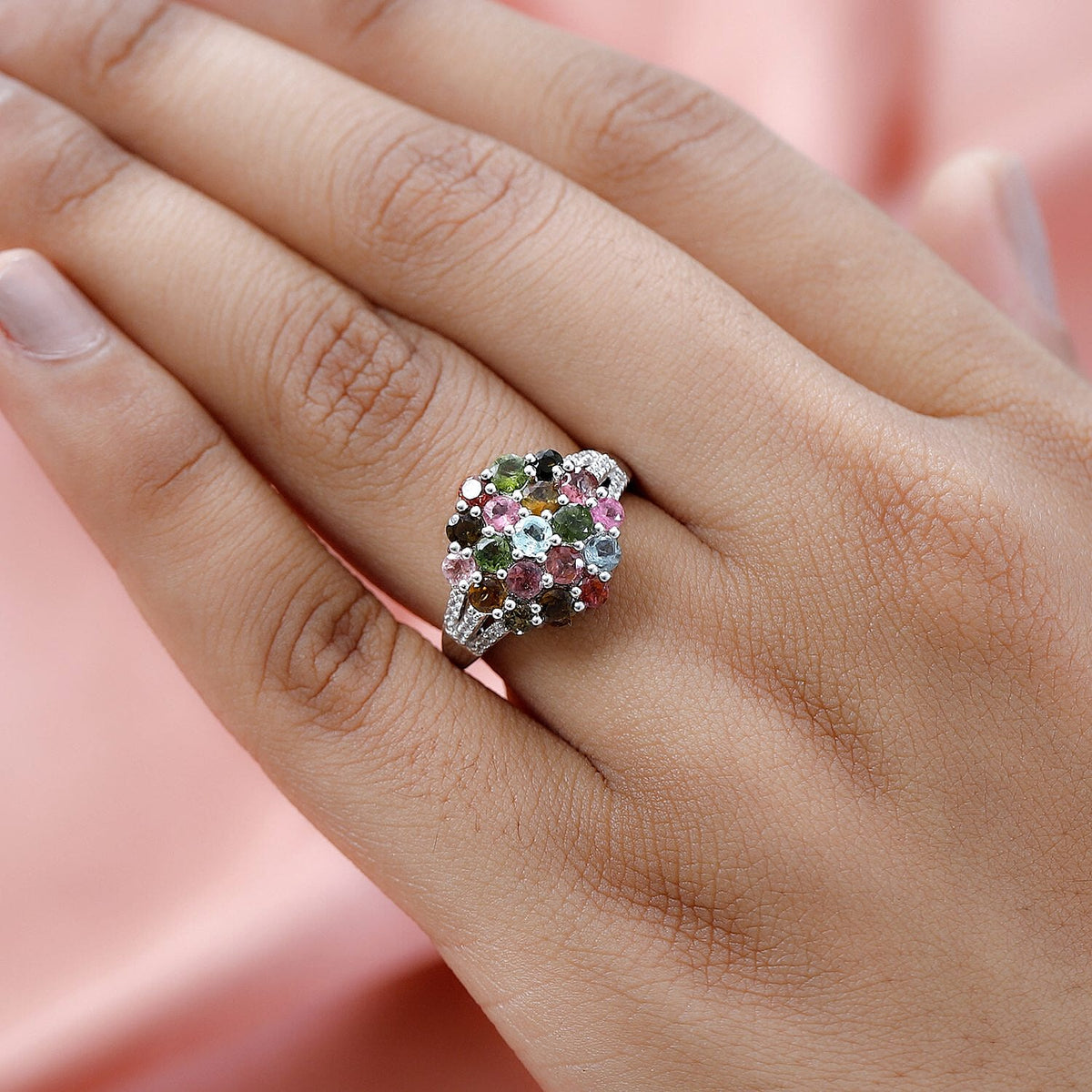 Multi-Tourmaline and Natural Zircon Cluster Ring in Platinum Overlay Sterling Silver 2.312 Ct. 7486766 2