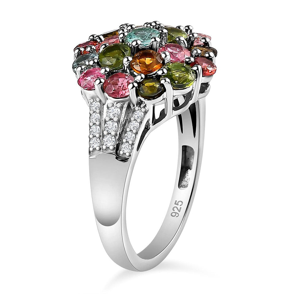 Multi-Tourmaline and Natural Zircon Cluster Ring in Platinum Overlay Sterling Silver 2.312 Ct.